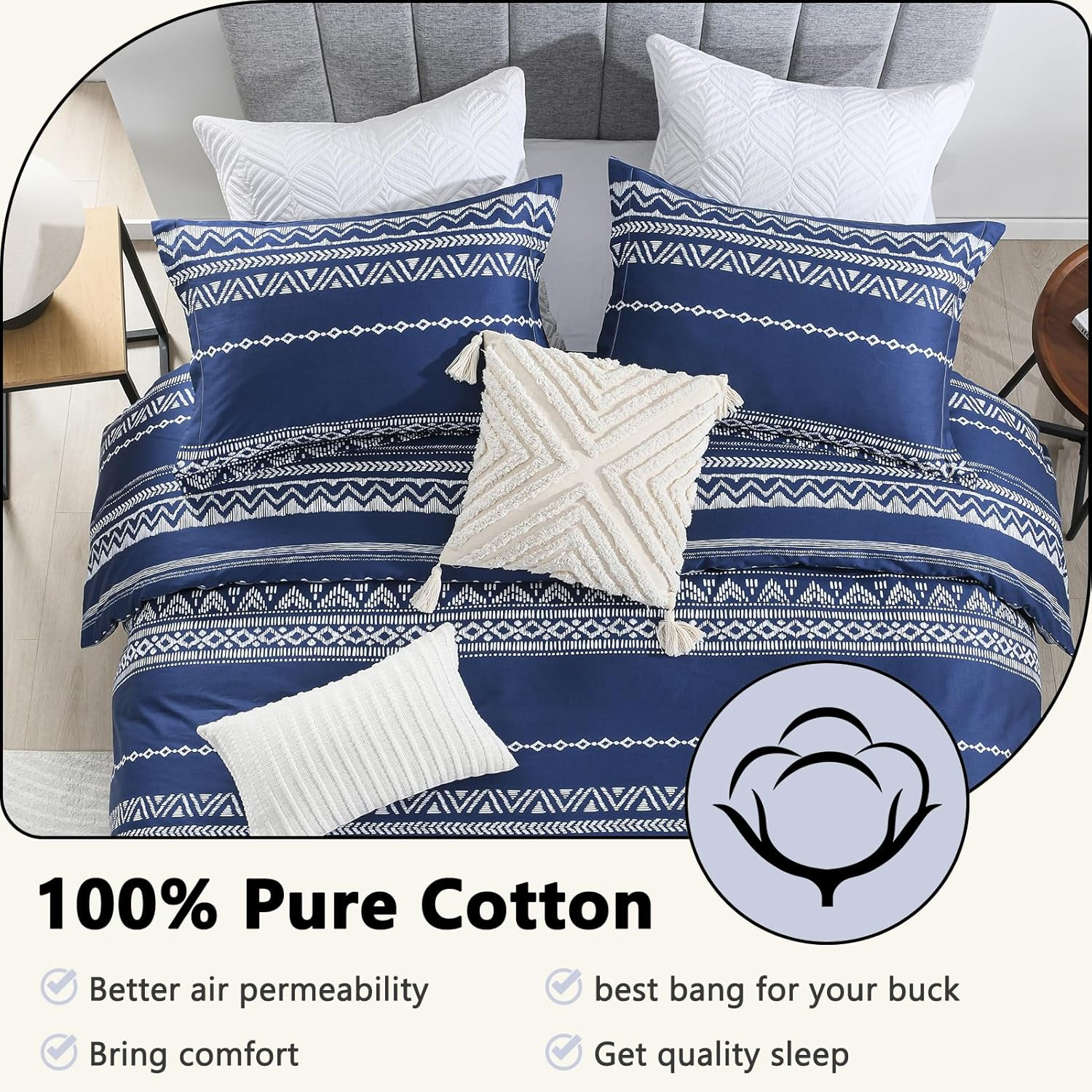 DUOMING Boho Duvet Cover Queen - 100% Cotton Duvet Cover Set, Cozy and Breathable Queen Duvet Cover with Zipper Closure & 8 Ties, 3 Piece Bohemian Duvet Cover Set for All-Season image number 1