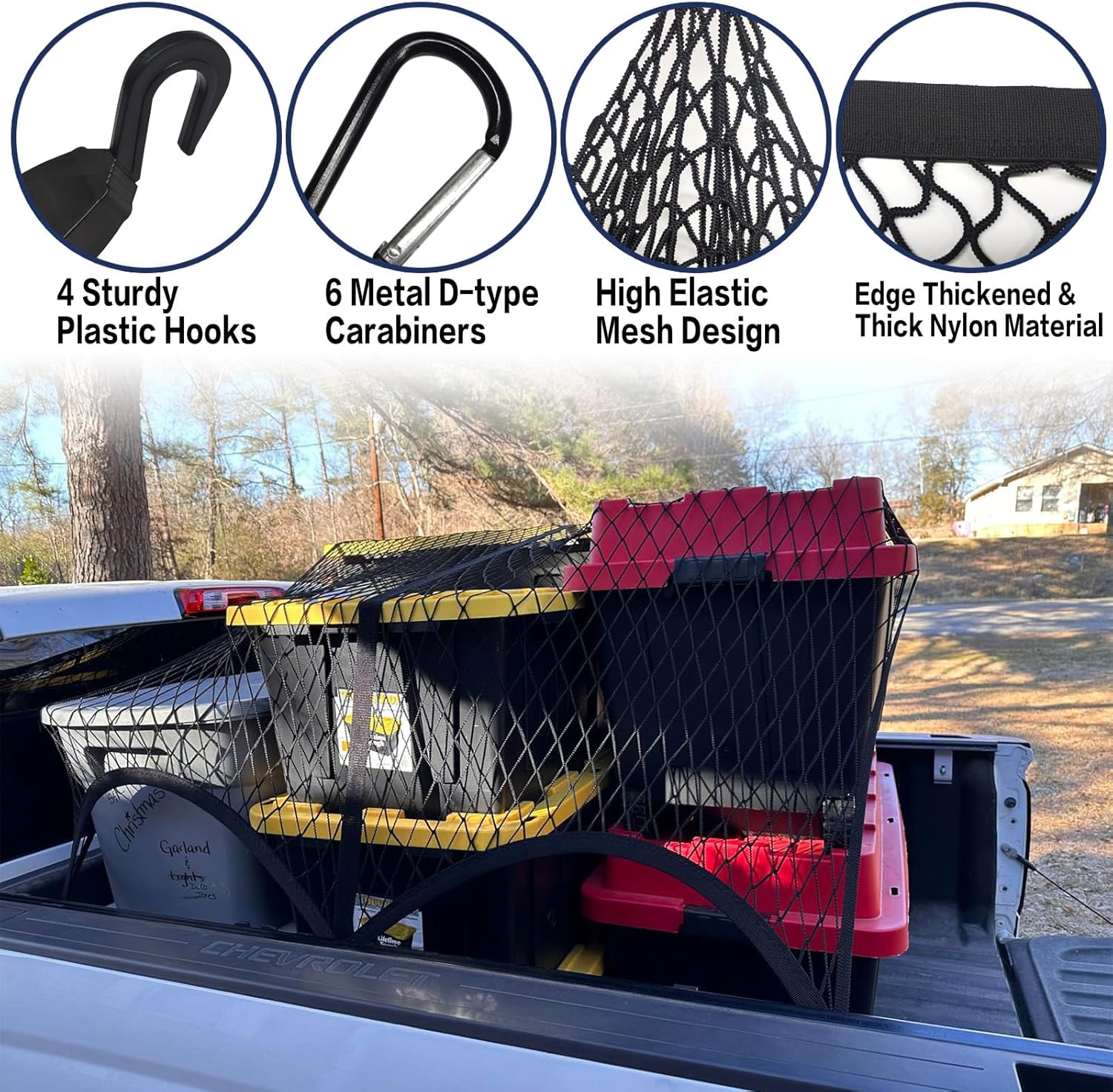 Cargo Net for Pickup Truck Bed Highly Elastic Cargo Storage Mesh Organizer with 4 Plastic Hooks and 6 Metal Carabiners, 4'X4' Stretches to 8'X 8&rsquo; | Single Layer image number 4