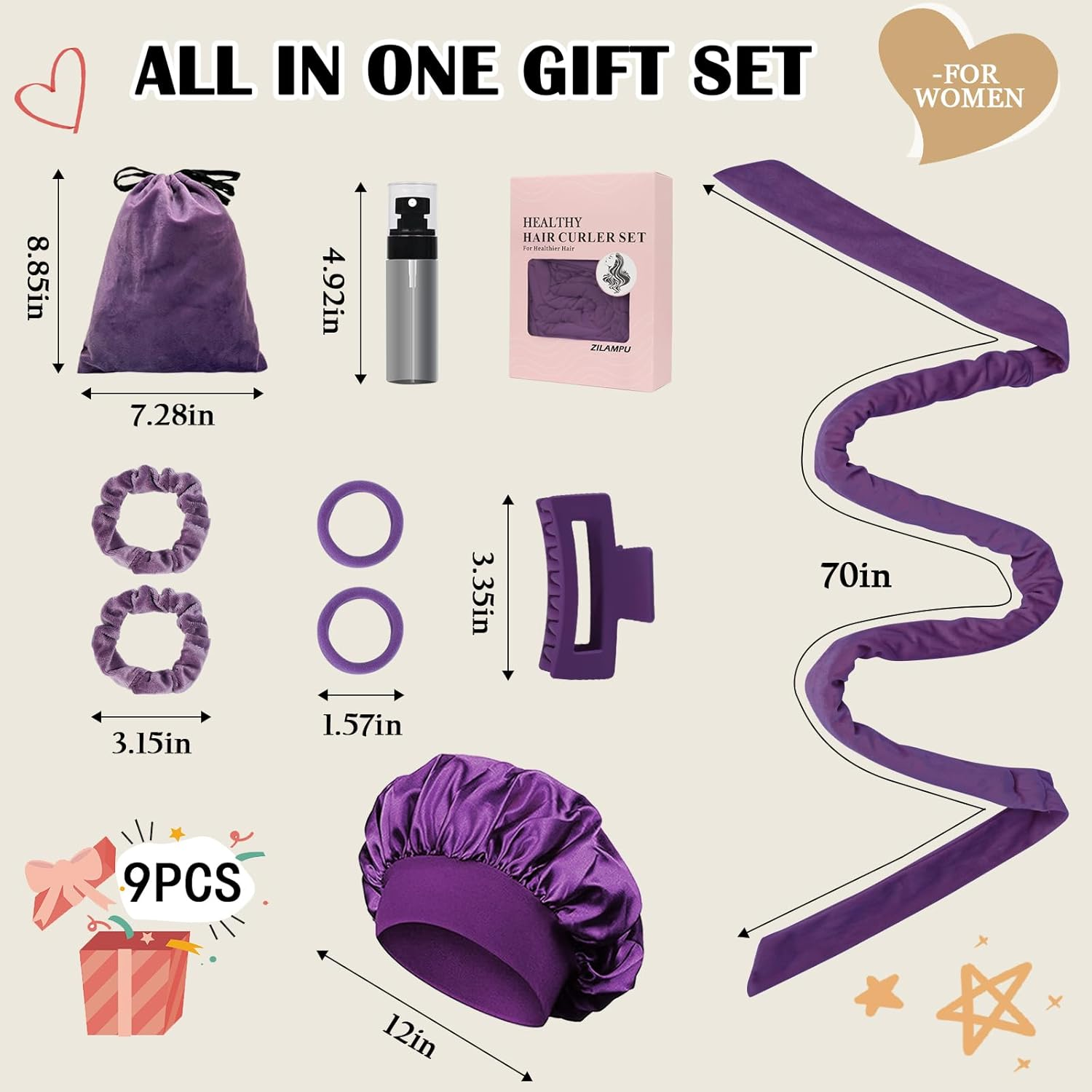 ZILAMPU Heatless Hair Curler, Heatless Hair Curlers to Sleep in Overnight Curls Headband, 70" Long Soft No Heat Curling Headband for Women Girl Long Wave Hair Rollers, 9 PCS Heatless Curl Set -Purple - Leopard Print image number 2