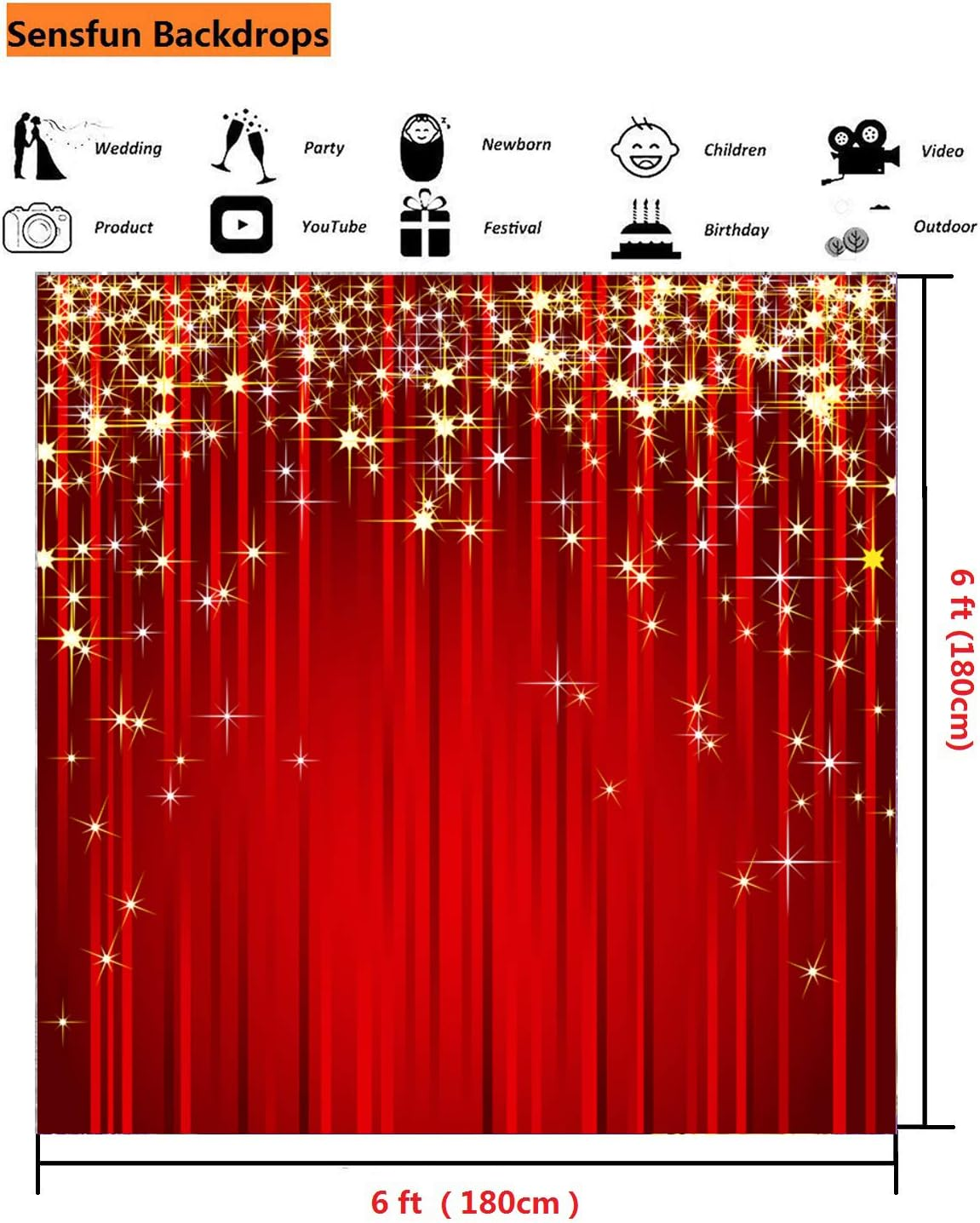 Sensfun 6X6Ft Red Star Christmas Backdrop Gold Glitter Star Photography Background Red Streamer Photobooth Backdrops for Adult Awards Event Kids Birthday Party Decor Portrait Photo Shoot Studio Props