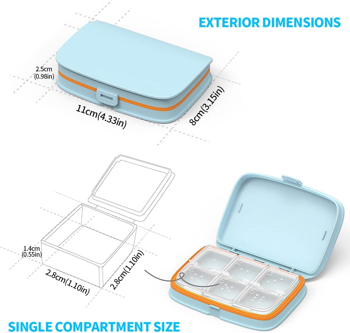 Pill Box Travel Compact Small Pill Container Organizer Fashion Daily Pill Case for Vitamin Supplements Medicine Storage (Blue) image number 5