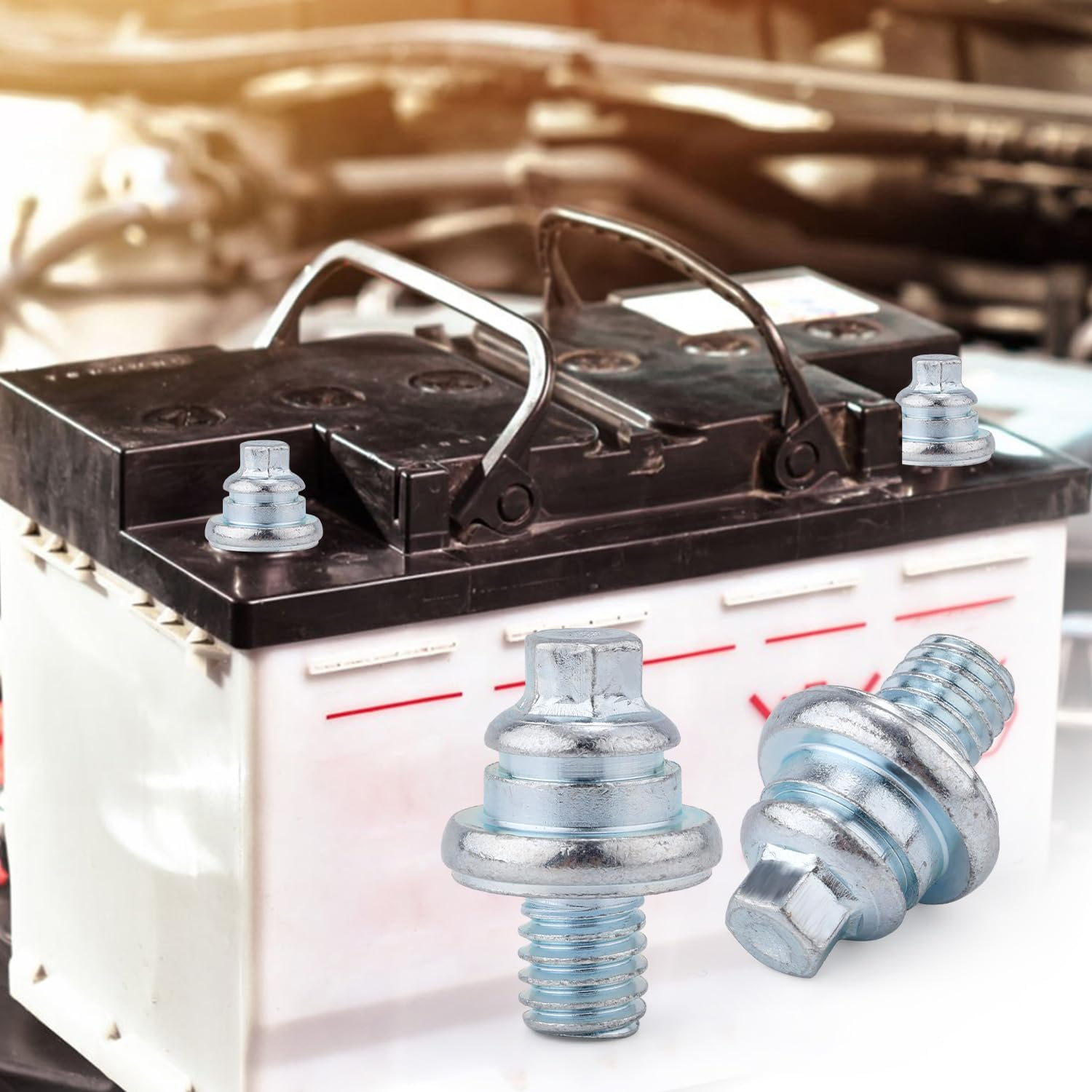 2Pcs Side Battery Terminal Bolts, 3/8" Side Post Battery Bolts Adapter Universal Fit Battery Terminal Nuts Replacement Battery Bolts image number 4