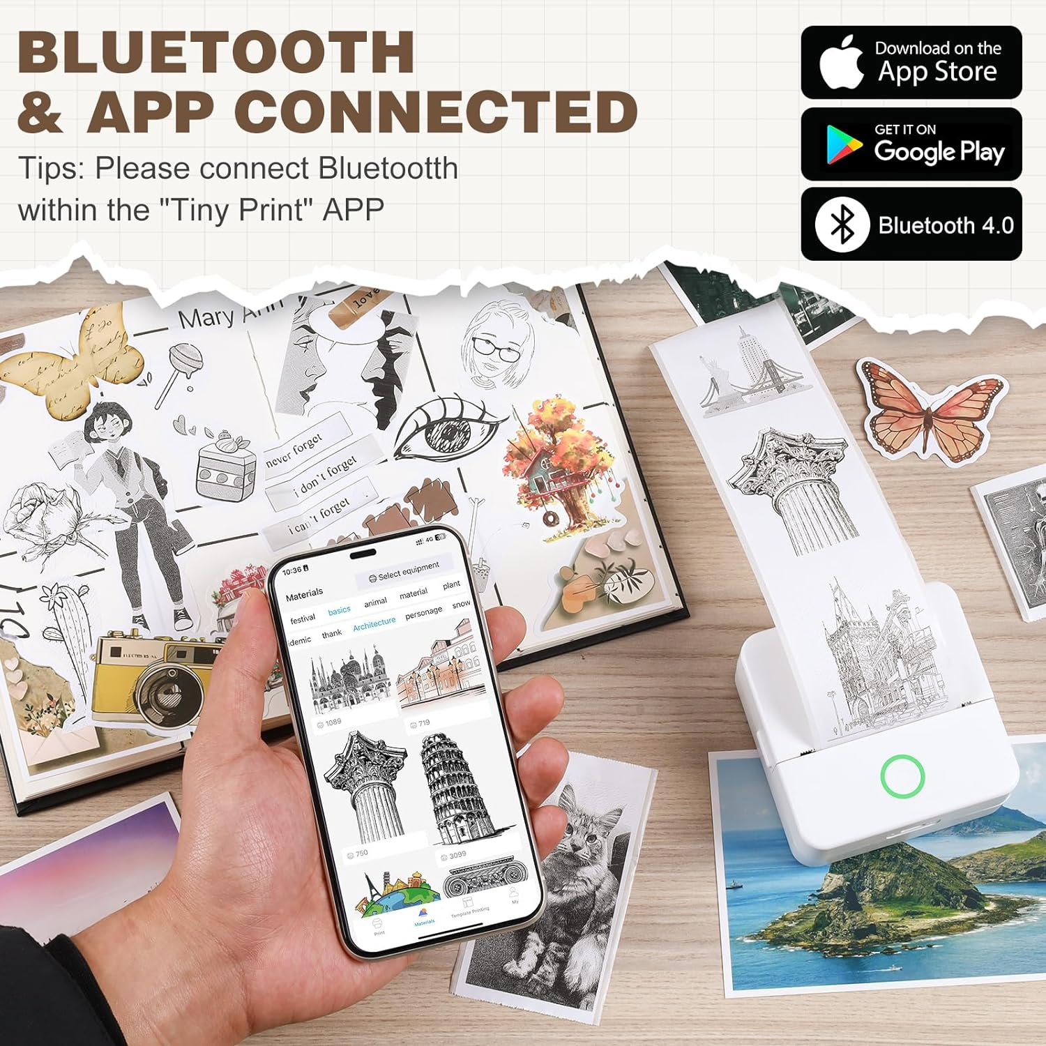 Cudinham Print Pods Mini Printer, Sticker Printer with 10 Rolls Thermal Printing Paper, Inkless Pocket Printpod for Phone, Impresora Port&aacute;til for Notes, DIY, Compatible with Ios & Android (White) image number 2