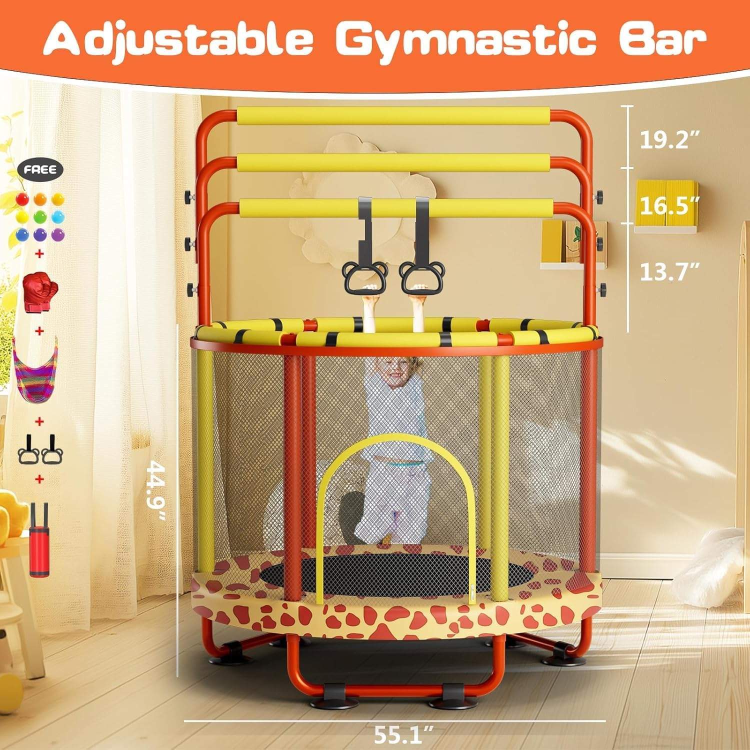 60" Trampoline for Kids with Enclosure, 440Lbs Capacity Indoor & Outdoor Toddler Trampoline with Adjustable Gymnastics Bar & Toys, for Boys & Girls (Yellow, 60In) image number 6