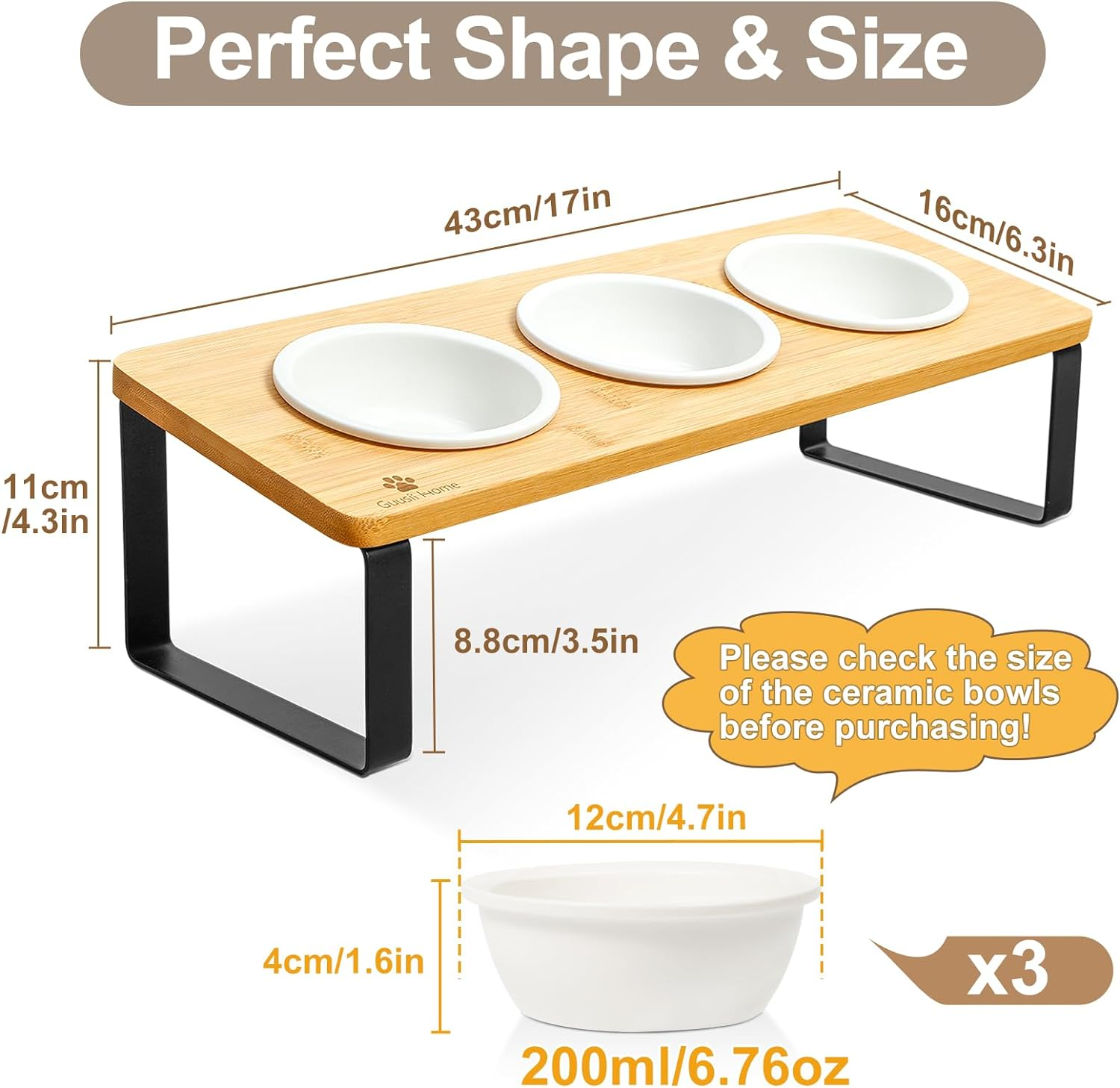 Sunhoo Raised Cat Food Water Bowl Elevated Tilted Kitty Dishes Set of 3 Ceramic Dish for Indoor Cats Orthopedic Pet Food Stand Reduces Vomiting 3 Bowl Cat Feeder Easy Assembly(Wood Color) image number 3