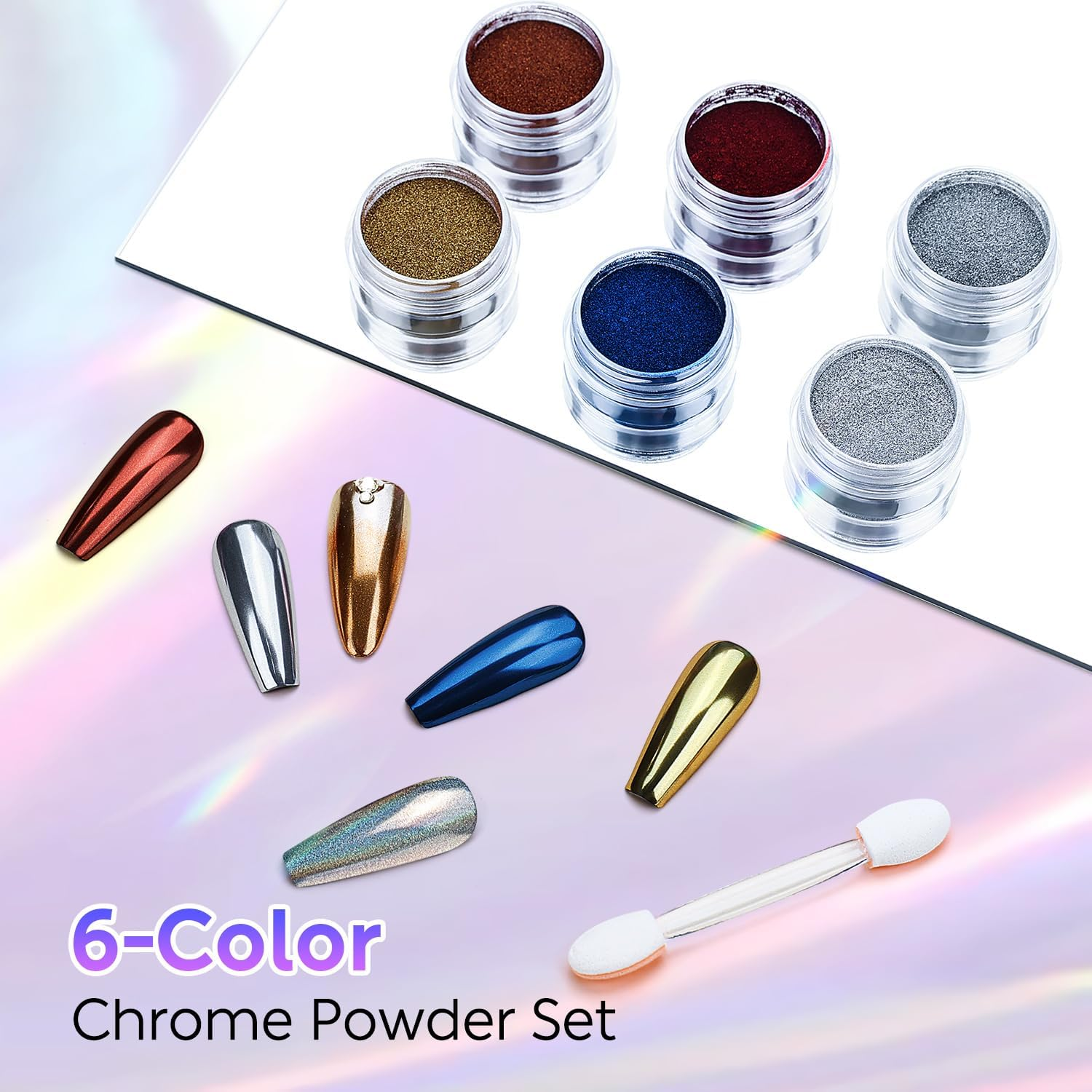 AIMEILI Hema Free, Cruelty-Free, Vegan,6 Boxes Nail Art Manicure Powder Set, 1 * 5G Holographic, 1 * 5G Chameleon Chrome, 4 * 5G Mirror Effect Nail Powder image number 3