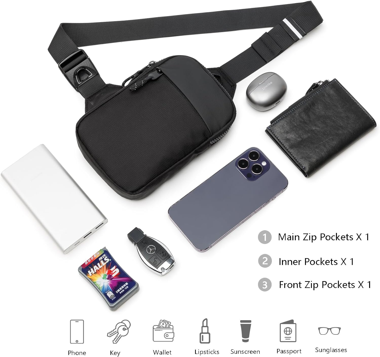 Mini Sling Bag for Men and Women, Small Crossbody Bag Trendy, Casual Waterproof Phone Chest Bag for Travel, Black, Small, Sling Backpacks, Black, S