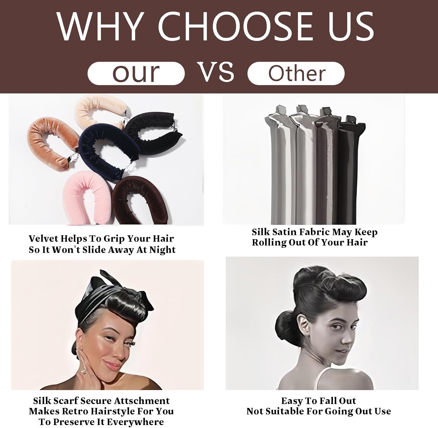 Heatless Hair Curler Rod Headband for Curls, 4 Pack Brown Coffee Color Curling Rods with One Silk Head Scarf image number 5