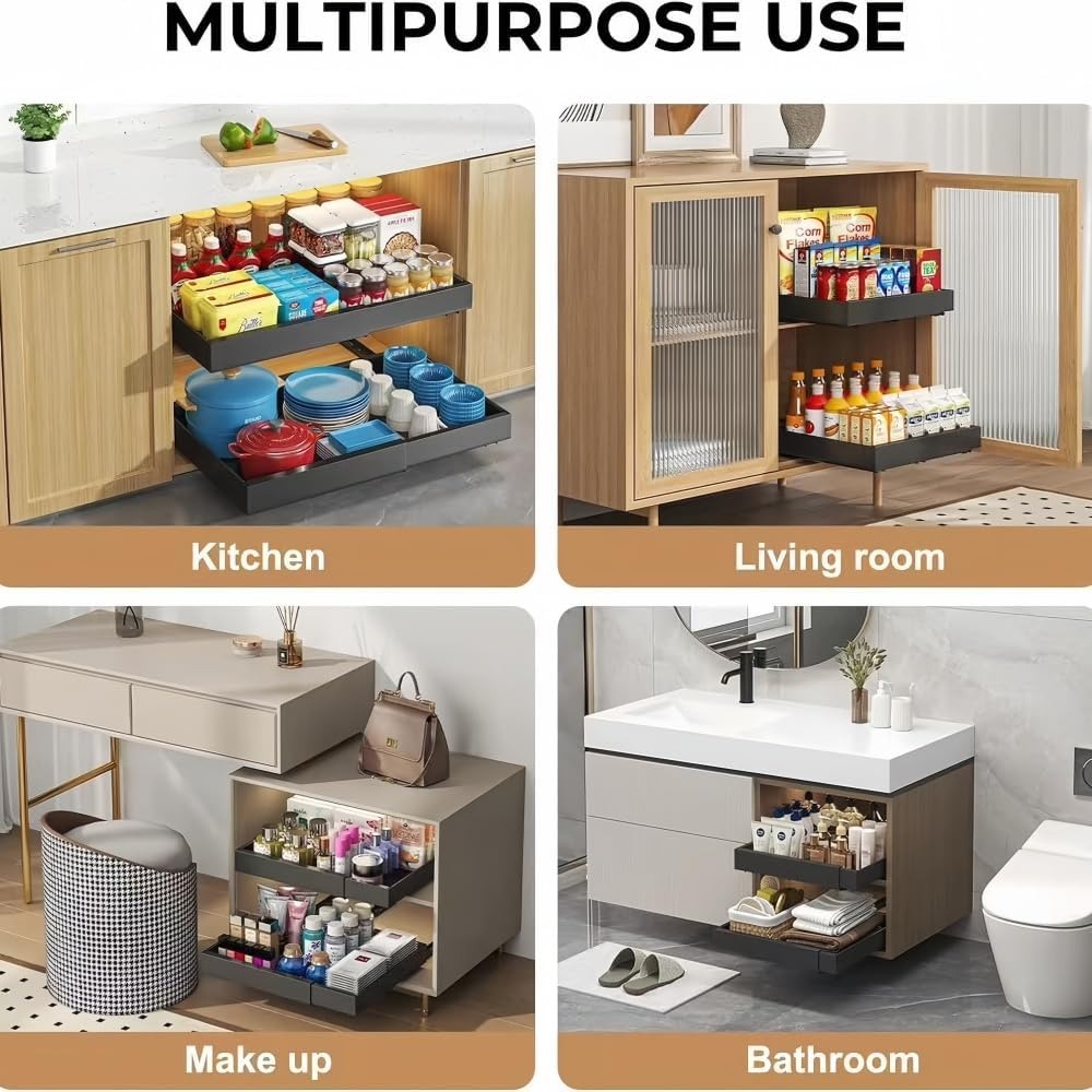 2 Pack Pull Out Drawers for Cabinets under Sink Organizer Slide Out Kitchen Storage Adhesive Shelf Cupboard for Home Pantry Spice Plate Cutlery Pan Medicine Expandable Drawer Organiser (12.4"-20.5") image number 3