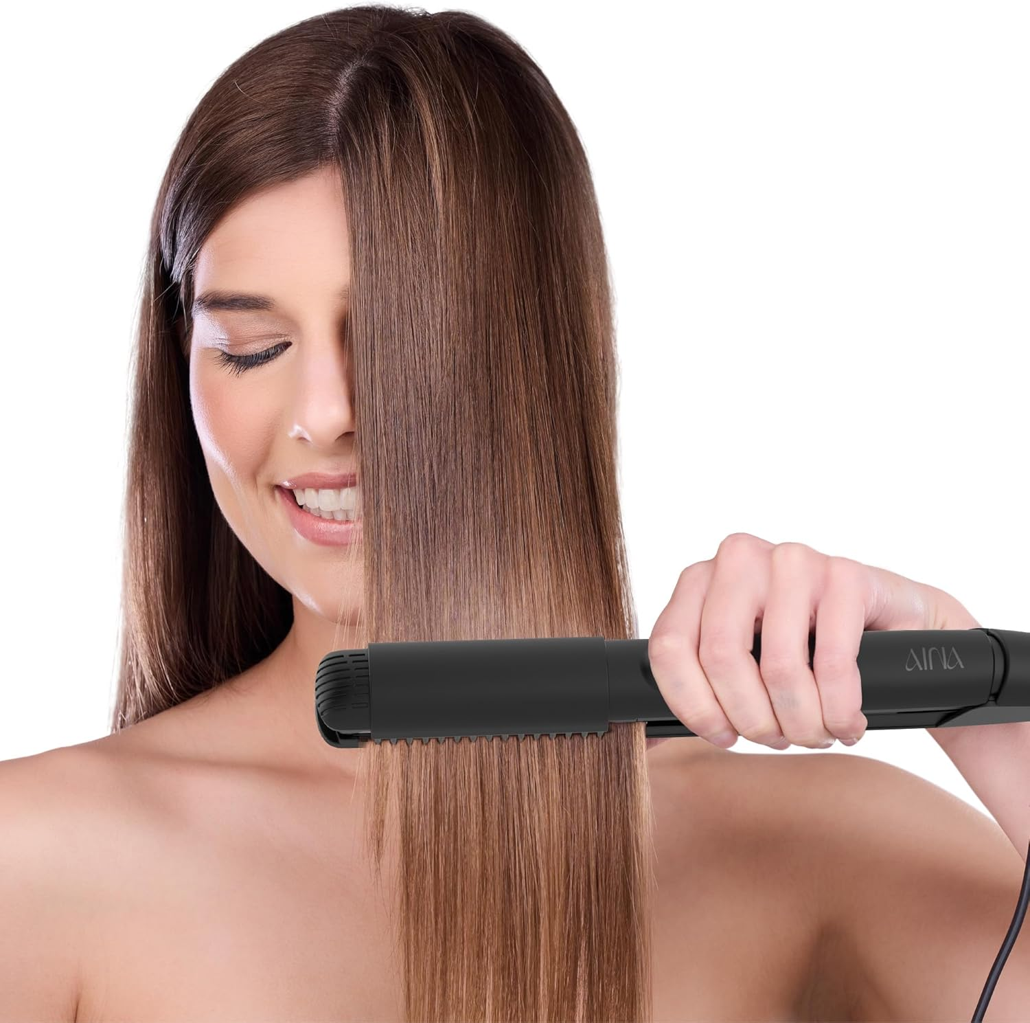 AINA Hair Straightener Brush, Flat Iron | Titanium Plates Dual Voltage Hair Straightening Curling Iron 2 In1 | Resolve Tangled Frizz (Black) image number 5