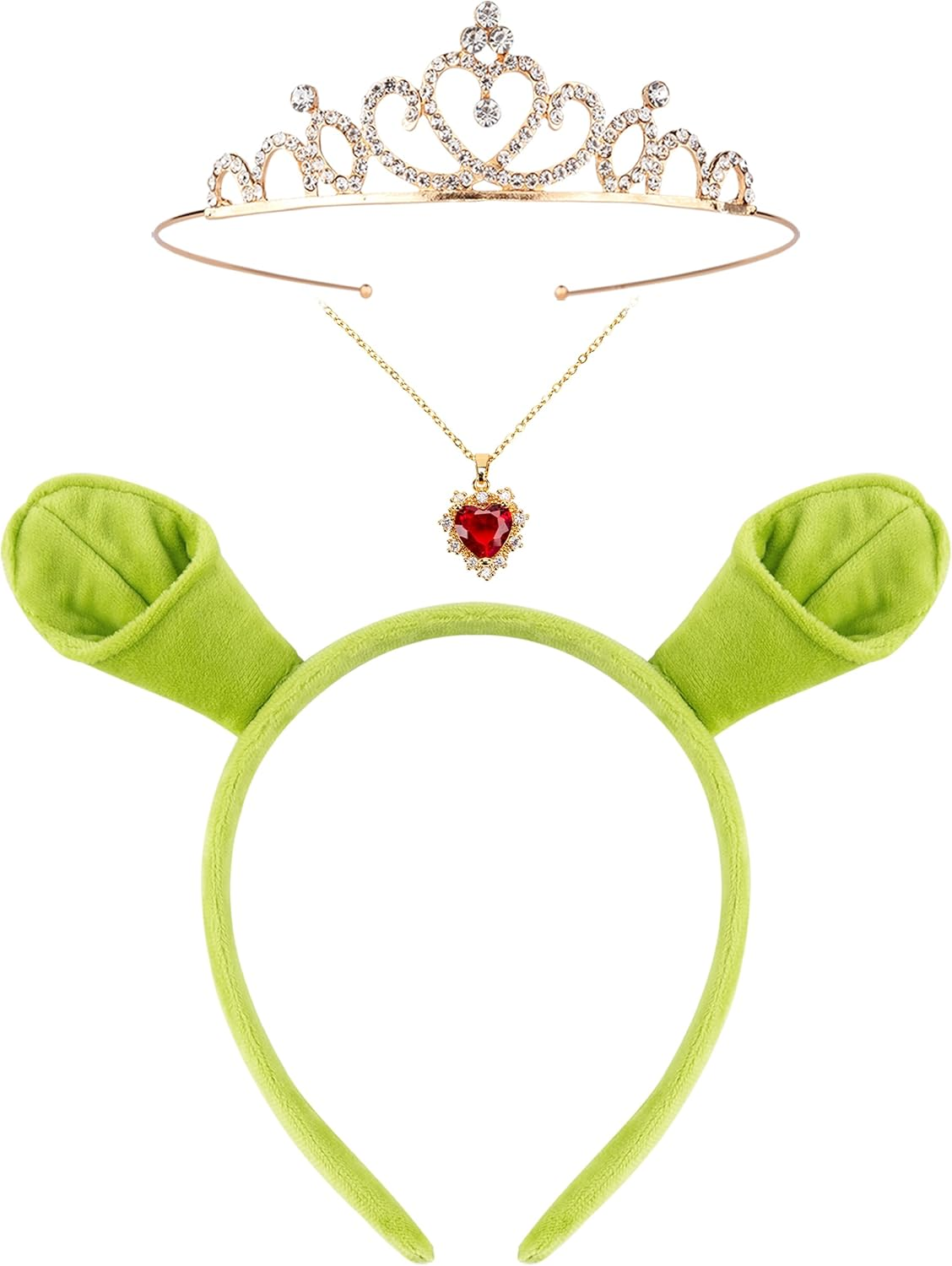 3Pcs Green Ogre Ears Headband Red Heart Necklace Crown Halloween Costume Accessories Monster Cosplay Party