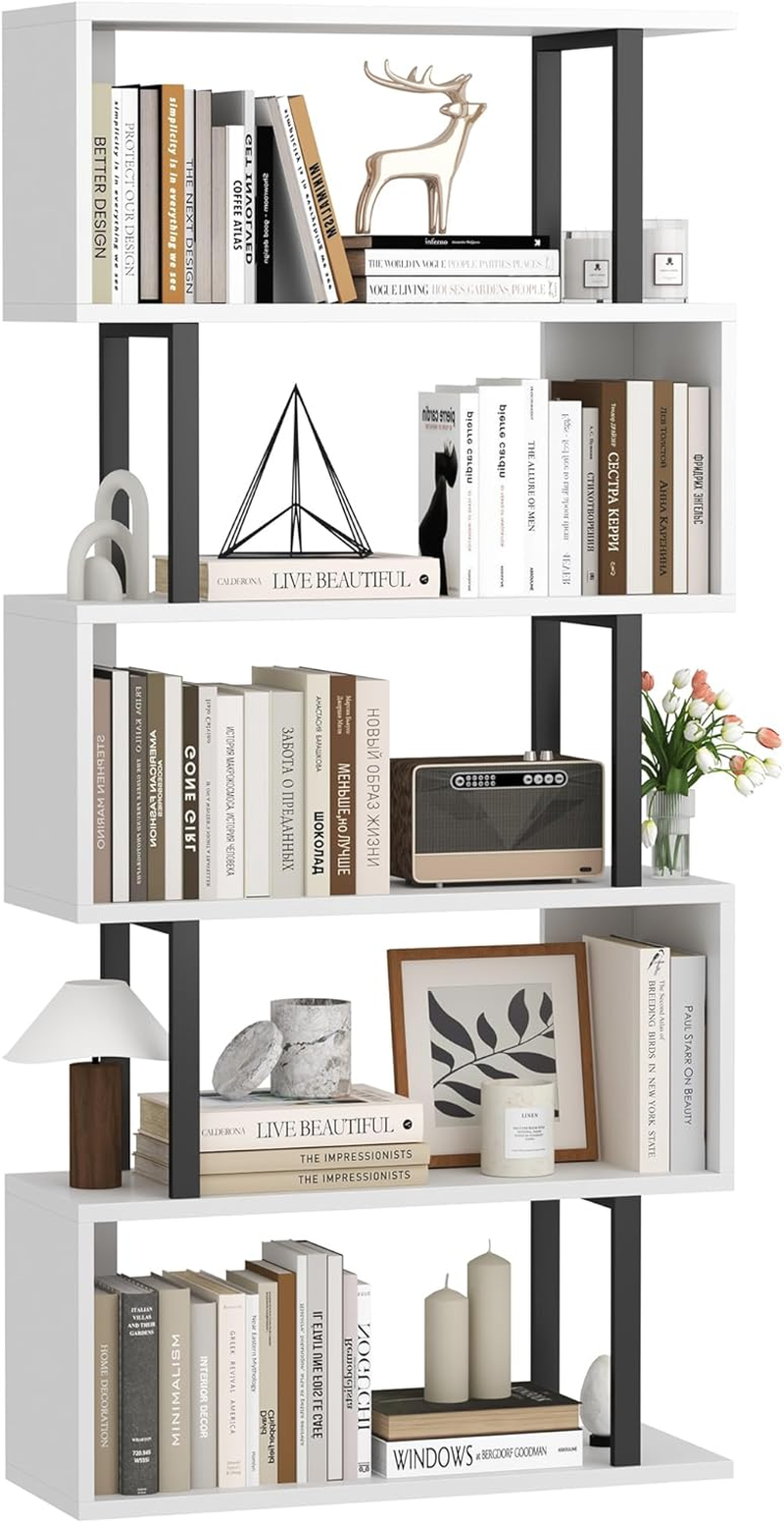 HOMEFORT 5-Tier S-Shaped Bookcase, Geometric Bookshelf for Living Room & Bedroom, Modern Wood & Metal Storage Shelf, Freestanding Display Shelves, Space-Saving Tall Book Shelf White and Black