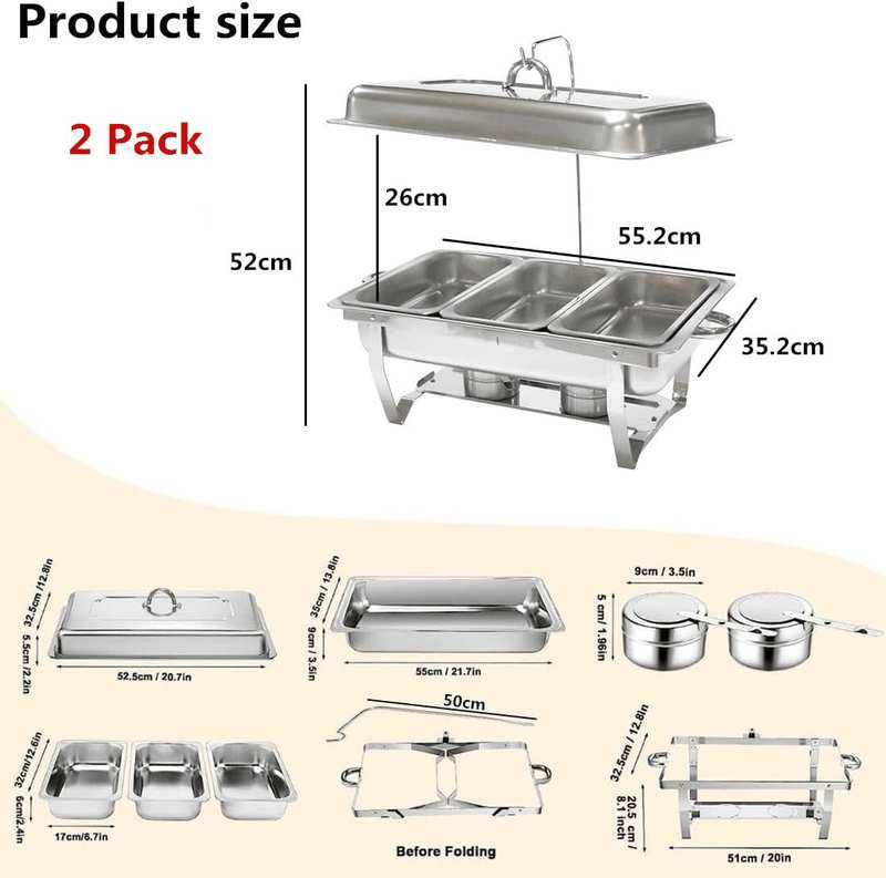 2PACK 11L Chafing Dish Buffet Food Warmer Pan Set with Cover Stand, Stainless Steel Catering Chafer Warmer Set with Trays, Lid, Fuel Holder, for Kitchen Party Banquet Dining (3X3L Food Pan)