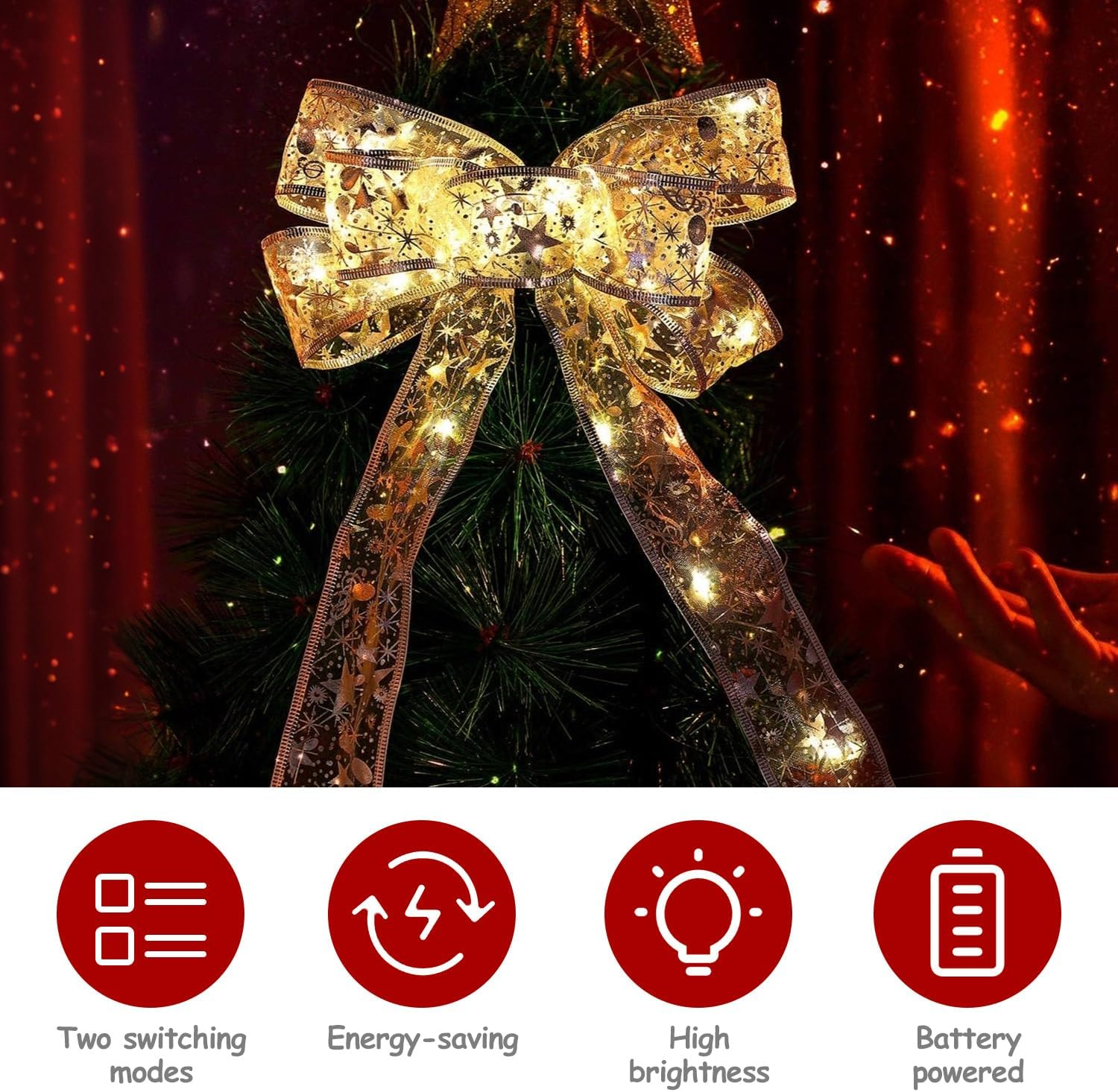 Christmas Tree Lights 10 M/32.8Ft 100 LED Fairy String Lights Battery Operated Copper Wire Ribbon Bows Light for Party Wedding Holiday Indoor Outdoor Decorations (Silver) image number 2