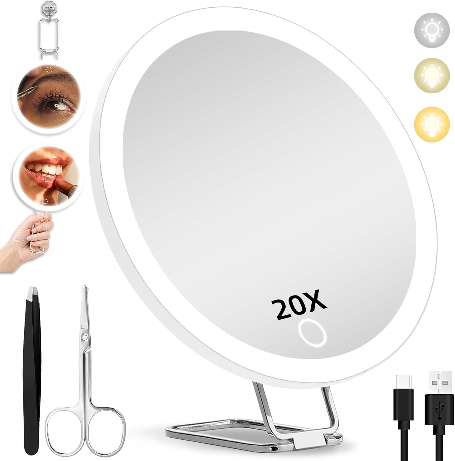 20X Magnifying Mirror with Lights, 6Inch Makeup Magnified Mirror 20X Lighted Travel Magnification with 3 Suction Cups and 360&deg; Adjustable Stand- Includes Tweezers & Scissors image number 4