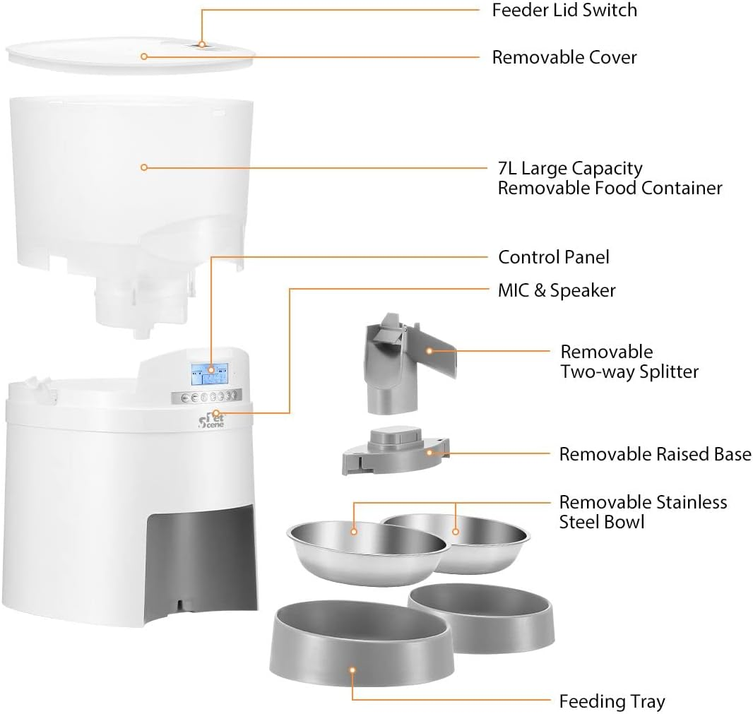 Pet Scene Automatic Cat Feeder 7L Auto Pet Feeder Dog Food Dispenser Voice Recorder with 2 Bowls LCD Screen,6 Meal/Day image number 5