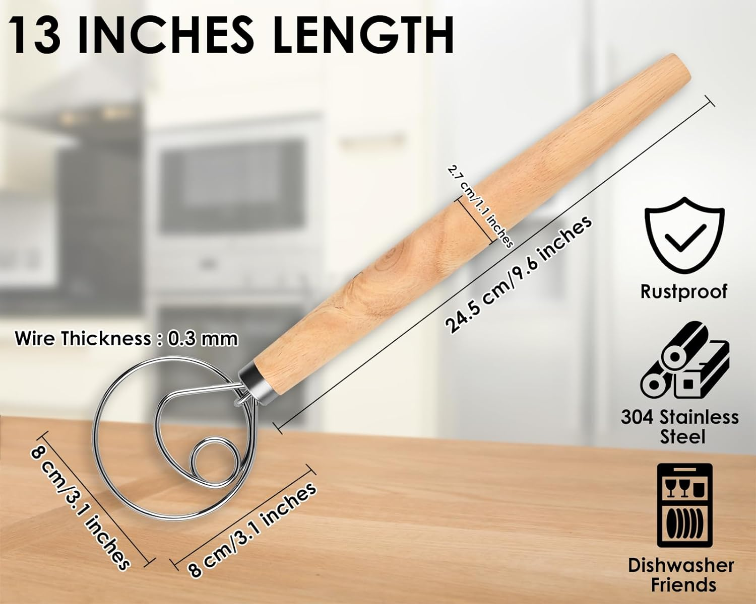 DS. DISTINCTIVE STYLE Danish Dough Whisk 13 Inch 304 Stainless Steel Sourdough Bread Whisk Wooden Handle Bread Whisking Tool, Dough Mixer for Baking Bread, Eggs and Peanut Butter image number 3