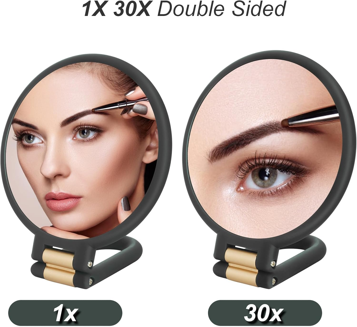 Magnifying Travel Mirror, Hand Mirror with Handle - Double Side Hand Held Mirror with 1X 30X Magnification & Foldable Handle, XICEN Portable Travel Makeup Hand Mirror for Women (Black) image number 1