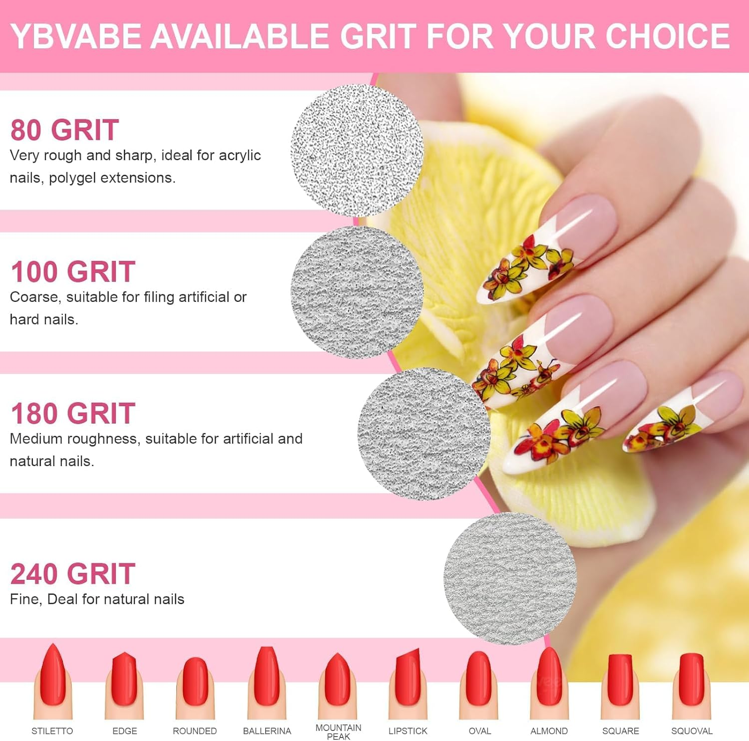 YBVABE Nail File, 12Pcs Nail Files180/240 Grit Double Sided, Premium Professional Salon Quality- Reusable Washable Emery Boards Manicure Tool for Nail Shaping, Dual Grit Manicure & Pedicure(Rhombus)