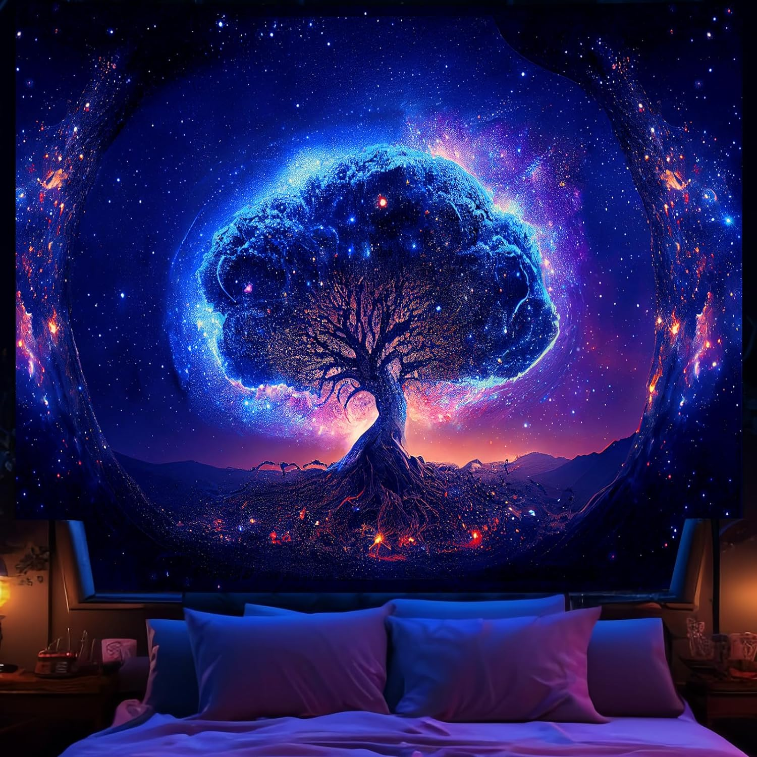 Blacklight Tree and Space Tapestry for Bedroom, Aesthetic Cool Black Light Tree of Life Tapestries for Girl, Fantasy Stars Galaxy Wall Hanging for Living Room Teen Dorm Decor (51" X 60")