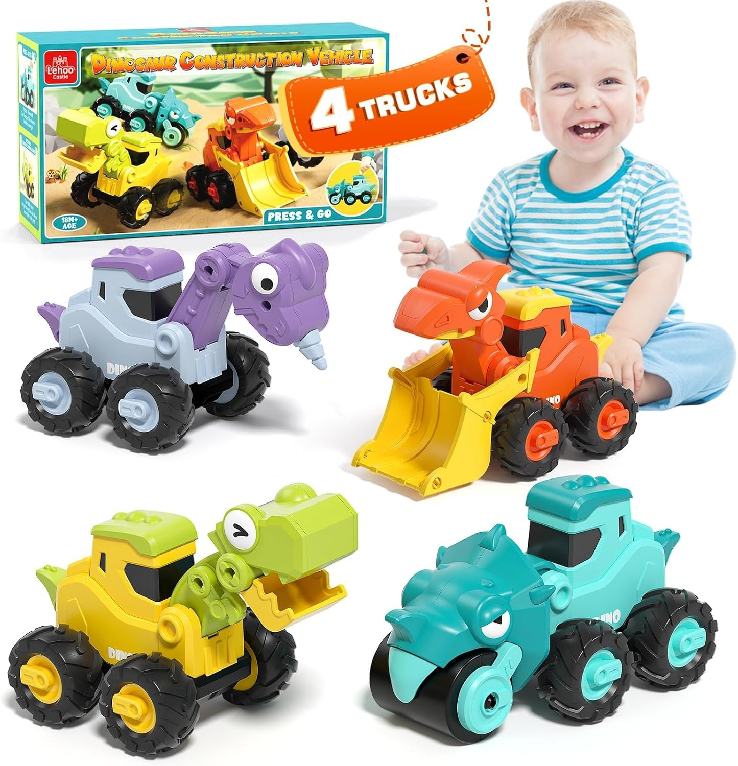 Lehoo Castle Baby Cars Toys for 1 Year Old, Dinosaur Toddler Toys with Press & Go Construction Toy Car, Baby Toy&lsquo;S 6-12 Months, Travel Toy for Toddlers Gifts Age 1-3 image number 1