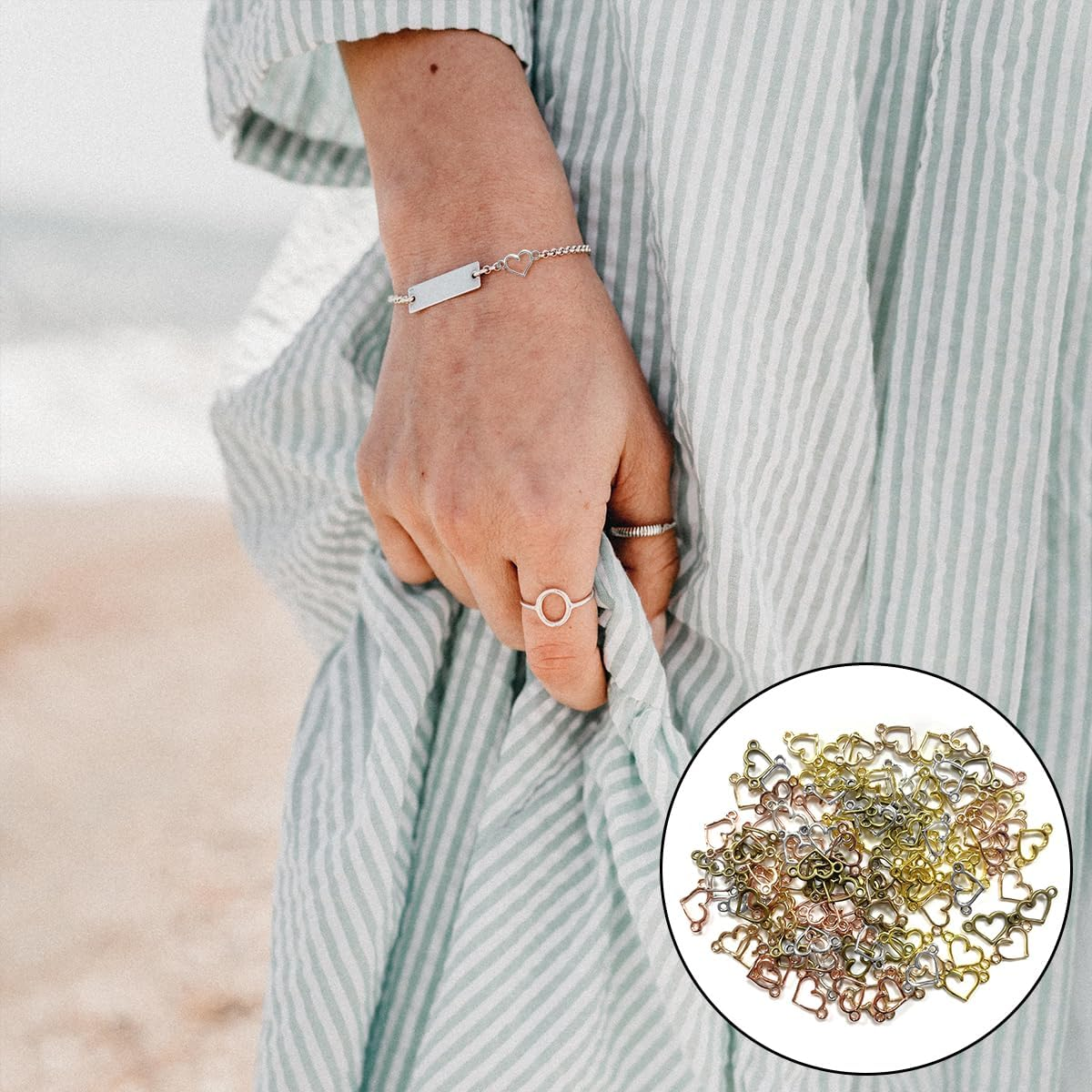 BEZANU Metal Heart Charms, 100 PCS Multicolor Alloy Heart Connector Pendant for Jewelry Making, Bracelets, Art Craft (5 Colors) image number 2