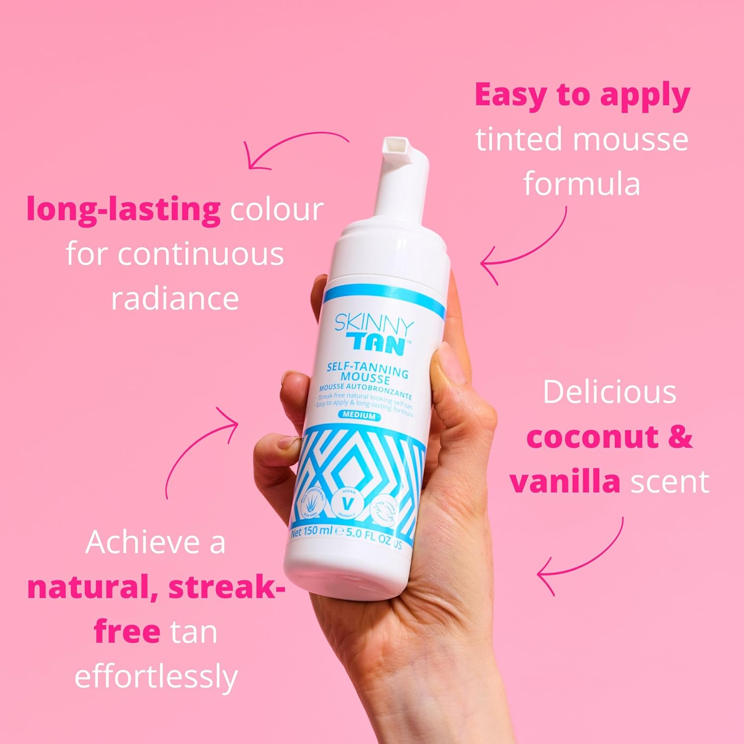 Skinny Tan Tanning Mousse Lotion | Streak-Free, Natural-Looking & Long-Lasting Tan | Coconut & Vanilla Scent - Medium Tan, 150Ml image number 2