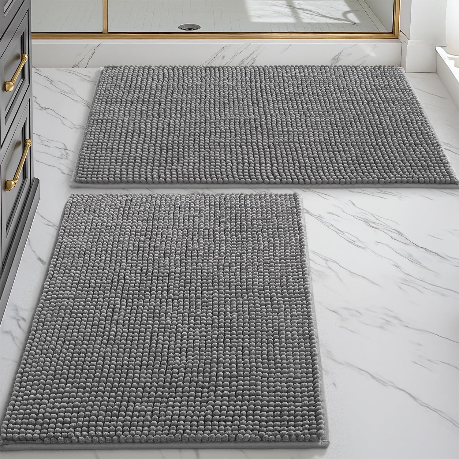 DEXI Bathroom Rugs Sets 2 Piece, Non Slip and Machine Washable Toilet Rug, Super Absorbent and Soft Chenille Bath Mat Set for Shower Floor and Tub, 50 X 80 Cm + 50 X 80 Cm, Grey