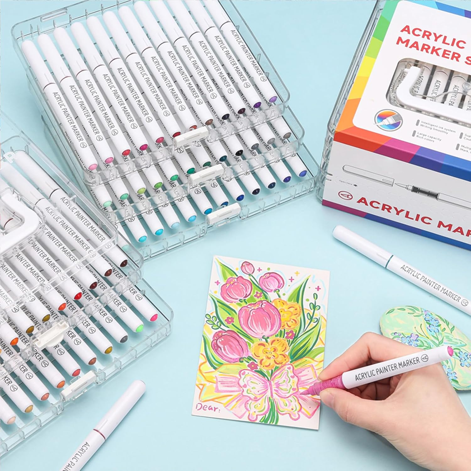 24 Colors Acrylic Paint Pens, Soft Brush Tip Acrylic Paint Markers with Fast Drying & No-Bleed Ink, Acrylic Markers for Rock Egg Wood Glass Canvas Painting and Drawing DIY Crafts Art Supplies