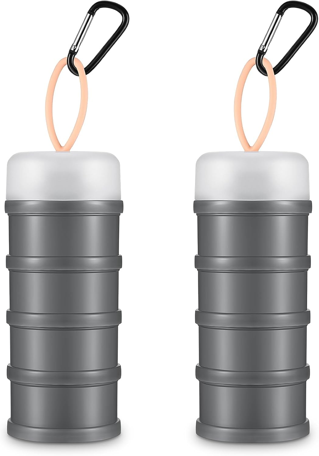 Baderke 2 Pcs Protein Container with Funnels Stand, 4 Stackable Leakproof Dispenser, Portable Keychain Container for Workout, Fitness, Travel (Gray, White)