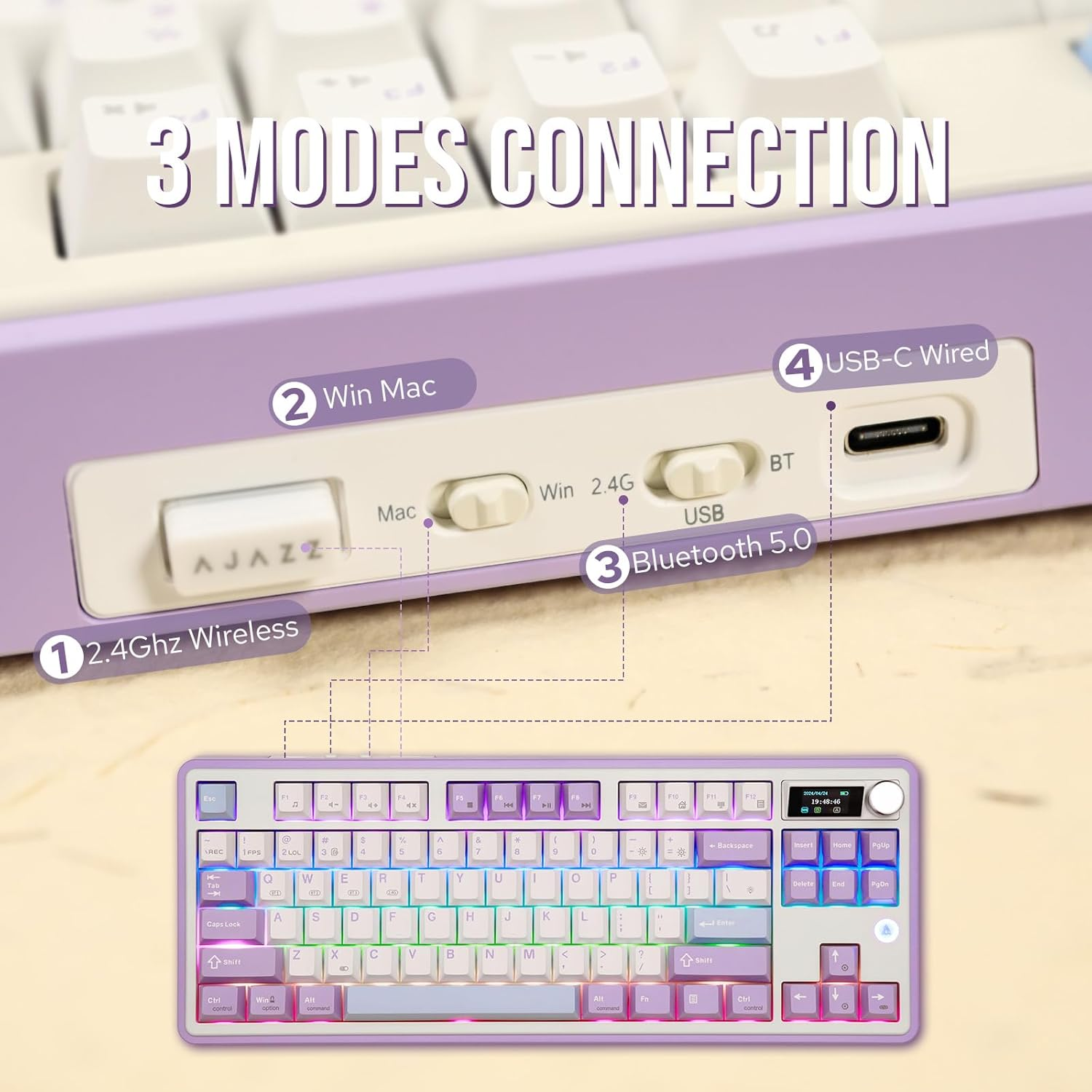 Mechlands Ajazz AK870 87 Keys Gasket Wireless Gaming Keyboard with Screen & Knob, Bt5.0/2.4Ghz/Usb-C Mechanical Keyboard, with 5-Layer Padding, Flex-Cut PCB, NKRO for Win/Mac (Purple, Hyacinth Switch) image number 2