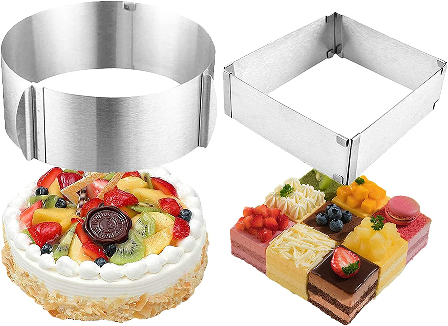 MANO 2 Pack Adjustable Cake Ring for Baking 6 to 12 Inch Stainless Steel Mousse Cake Molds Circle and Square Cake Decor Rings Bakeware Set Tool