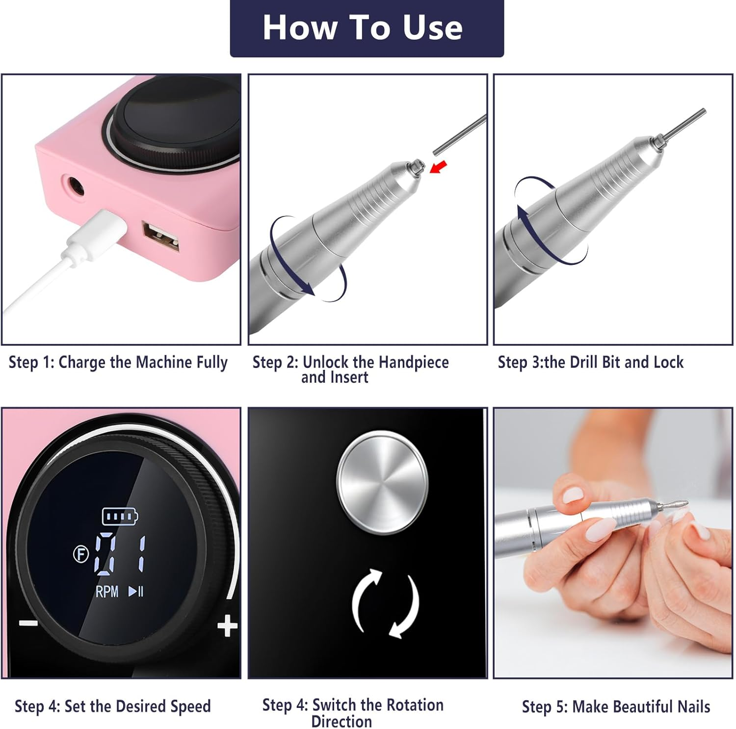 Electric Nail Files, 45000RPM Professional Electric Nail Drill Machine, Rechargeable Portable E File Kit for Acrylic Gel Nails with LCD Display Adjustable Speed for Women Salon Home Beginner image number 6