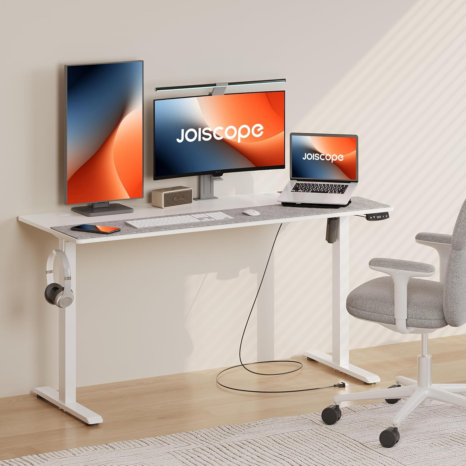 JOISCOPE Height Adjustable Electric Standing Desk with Power Outlet, 55-Inch Computer Desk for Home and Office, White image number 2