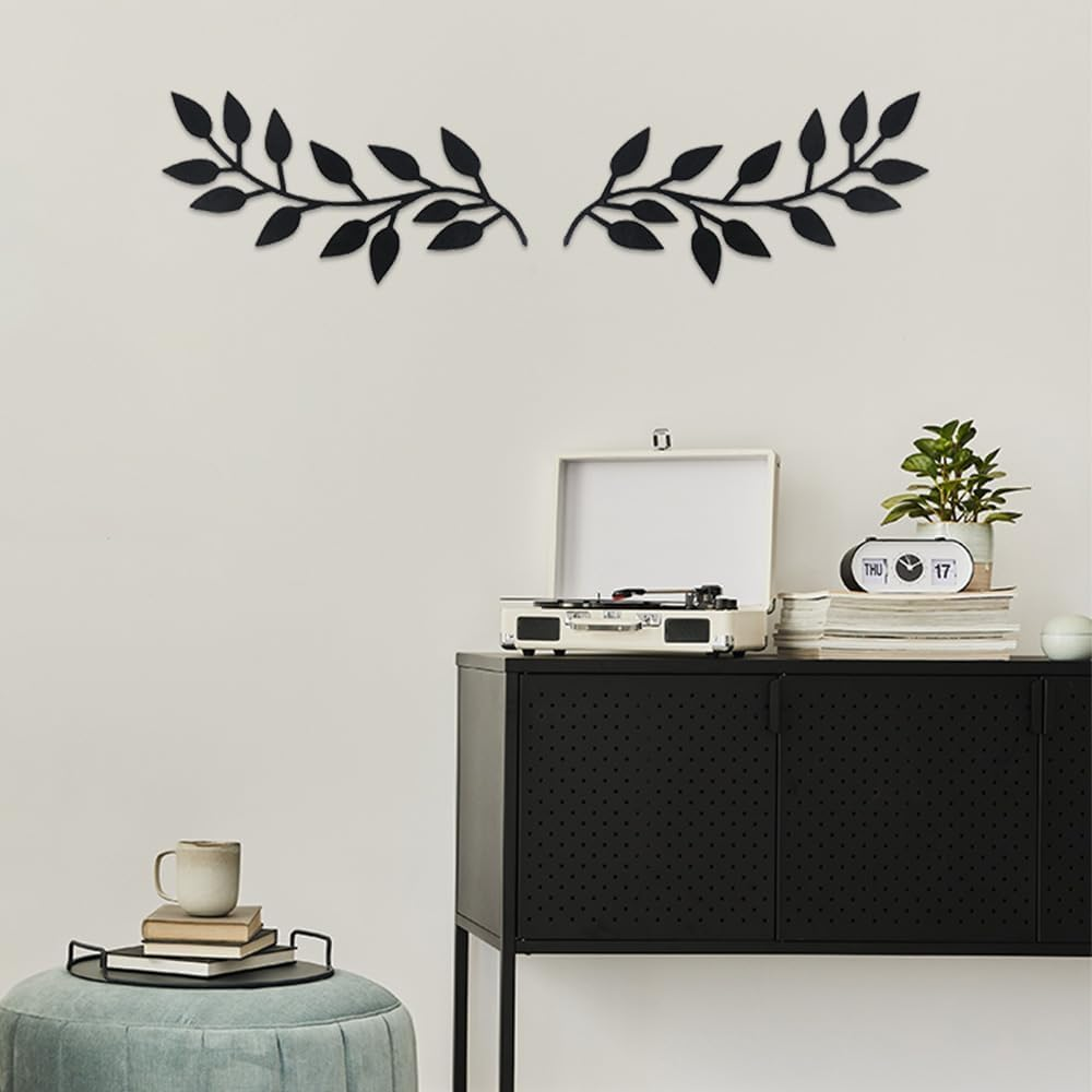 2 Pieces Metal Leaf Leaves Wall Hanging Decor - Olive Branches and Leaves Modern Wall Art above Bed, Outdoor (Black, One Size) image number 2