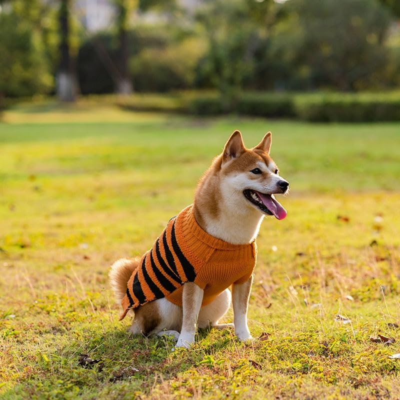 Halloween Dog Sweater Striped Turtleneck Puppy Cat Sweaters with Leash Hole Soft Warm Fall Winter Dog Clothes Cute Pumpkin Sleeveless Dog Sweatshirt for Small Medium Large Dogs (Orange, M) image number 6