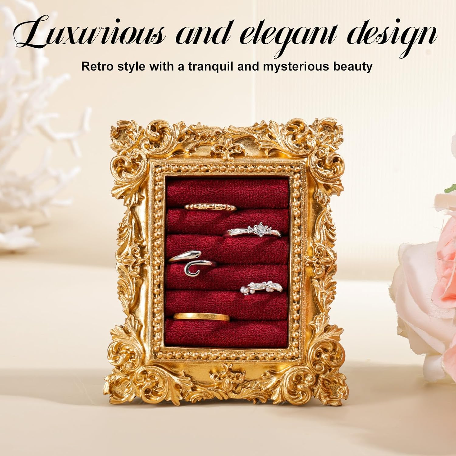 Vintage Ring Display Stand, Baroque Ring Holder Earring Display Tray Jewelry Organizer Birthday Engagement Wedding Decoration for Women (Wine Red) image number 2
