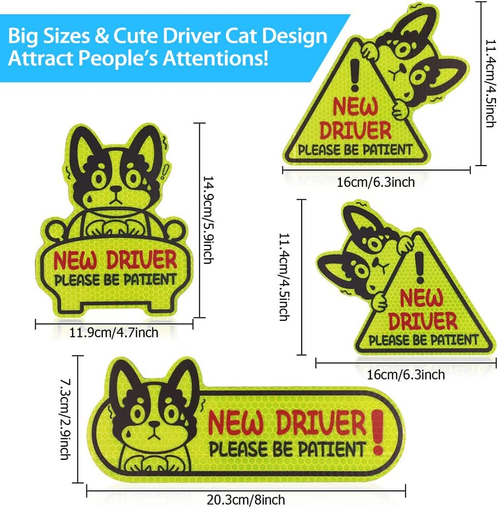 Set of 4 Reflective New Driver Magnet for Car New Driver Sticker Please Be Patient Sign Keep Distance Sticker Decal Automotive Magnets Safety Sign Car Bumper Magnet Vehicle Sign