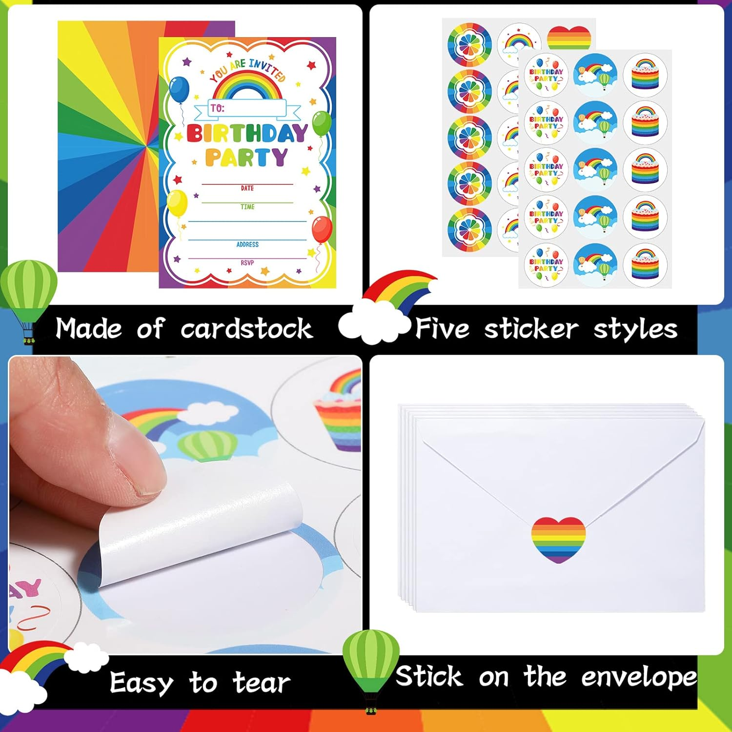 30 Pack Rainbow Birthday Party Invitations for Boys Girls Kids Birthday Invitations with 30 White Envelopes and 30 Seal Stickers Labels Rainbow Party Decorations Supplies Cards image number 3