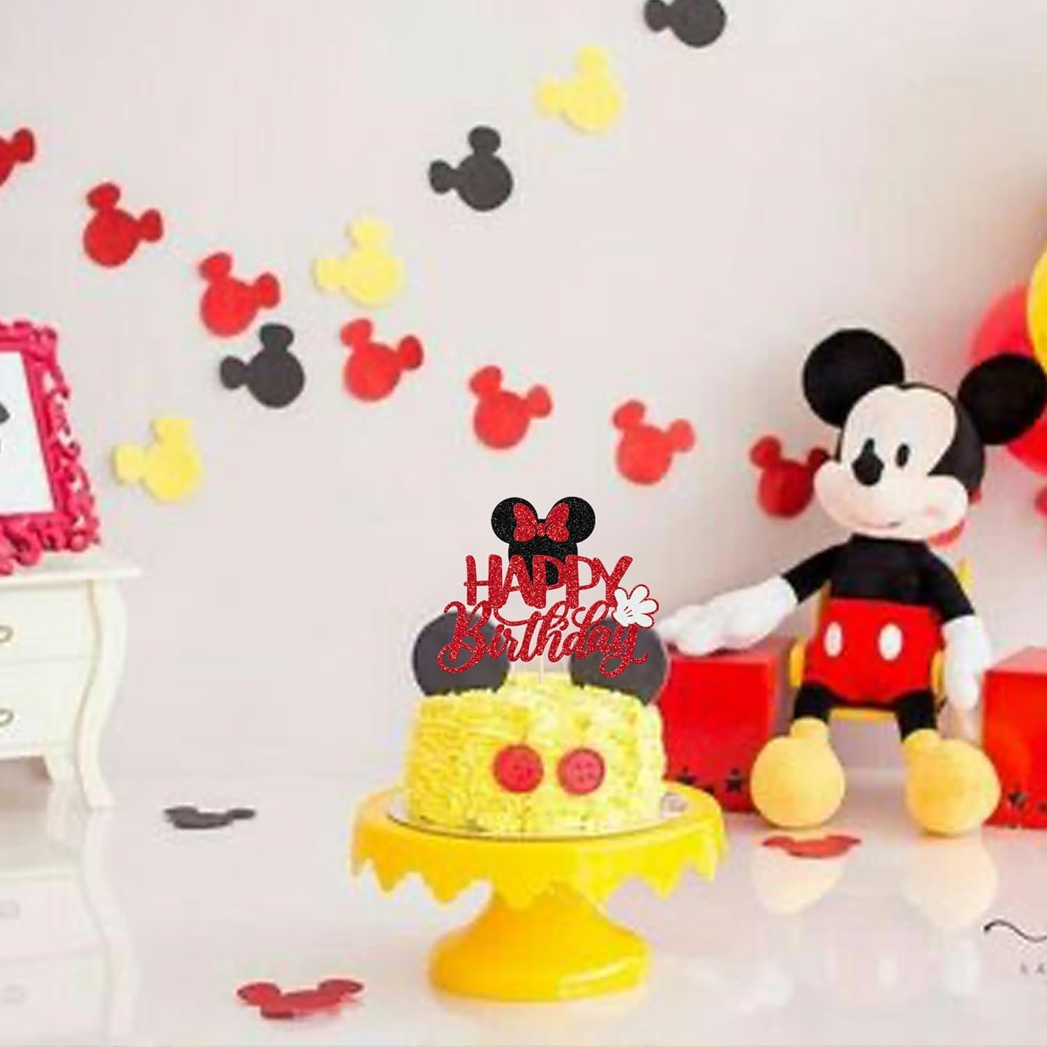 1 Pack Mouse Happy Birthday Cake Toppers Glitter White Gloves Bow Mouse Inspired Birthday Cake Pick for Baby Shower Kids Birthday Party Cake Decorations Supplies (#6) image number 3