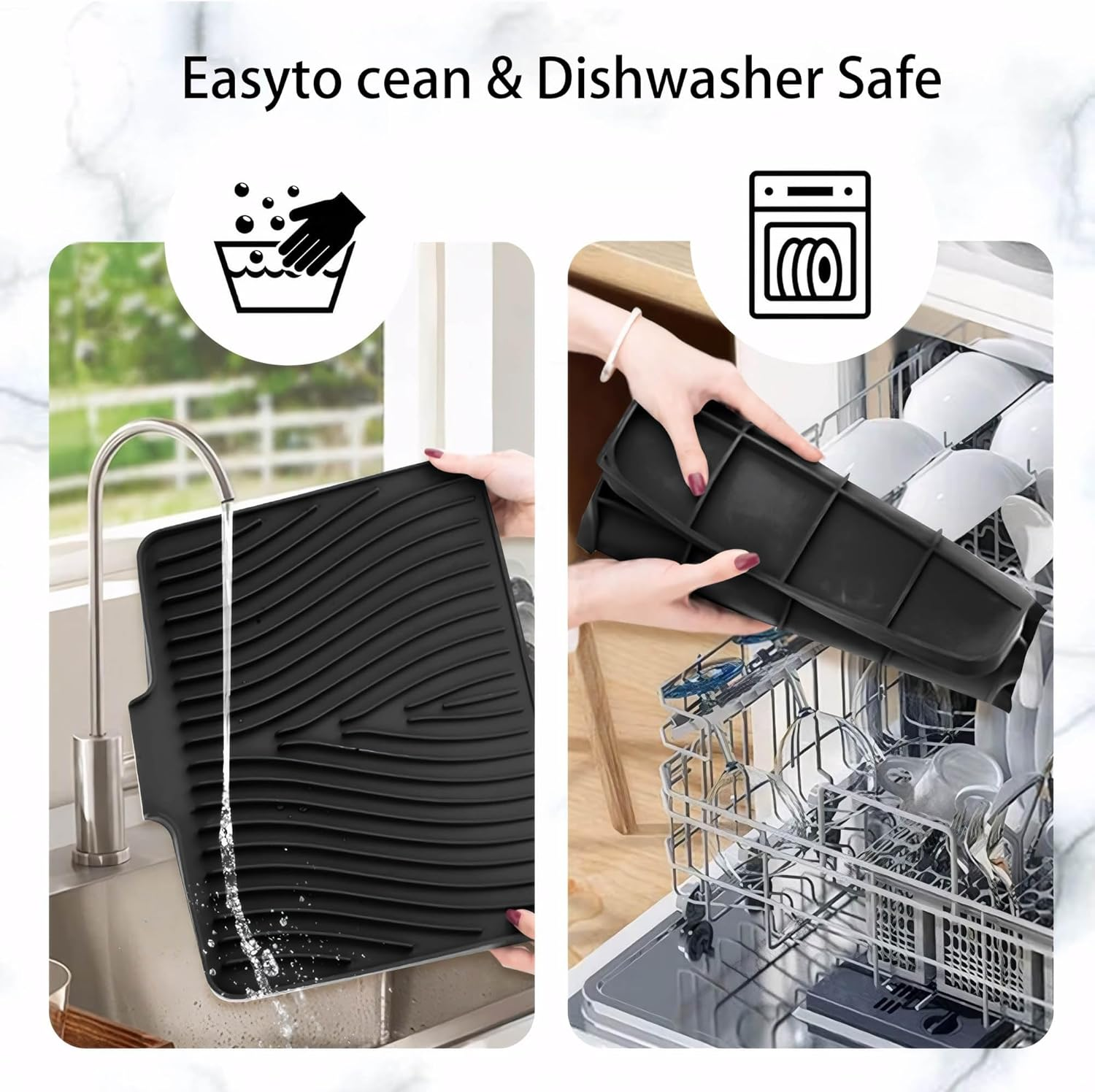 Silicone Dish Drying Mat for Kitchen Counter Non-Slip Pad with Built-In Drain Sink (Black) image number 4