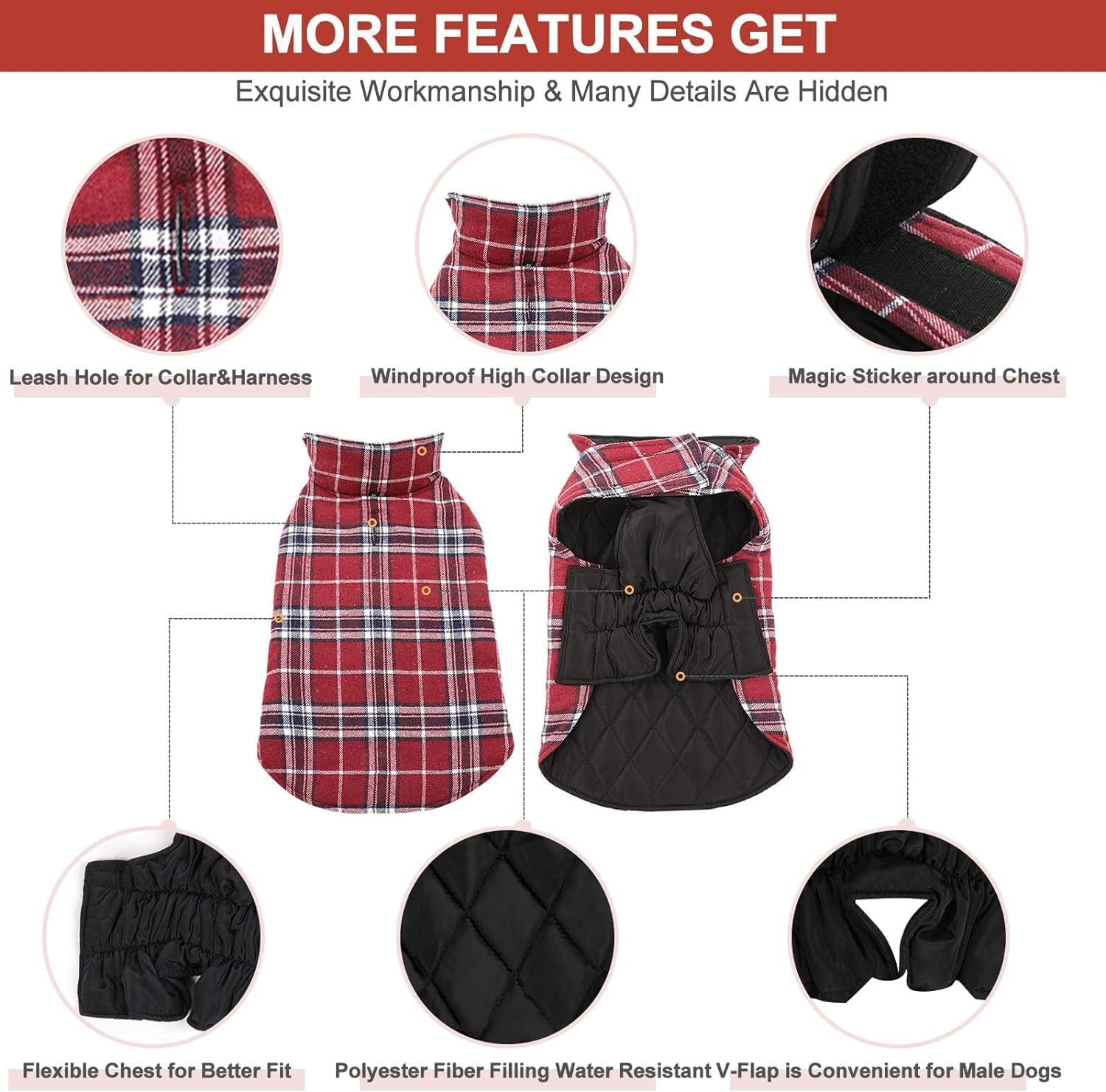 Dog Jackets for Winter Windproof Waterproof Reversible Dog Coat for Cold Weather Plaid Warm Dog Vest for Small Medium Large Dogs (Red Checkered, XL) image number 2
