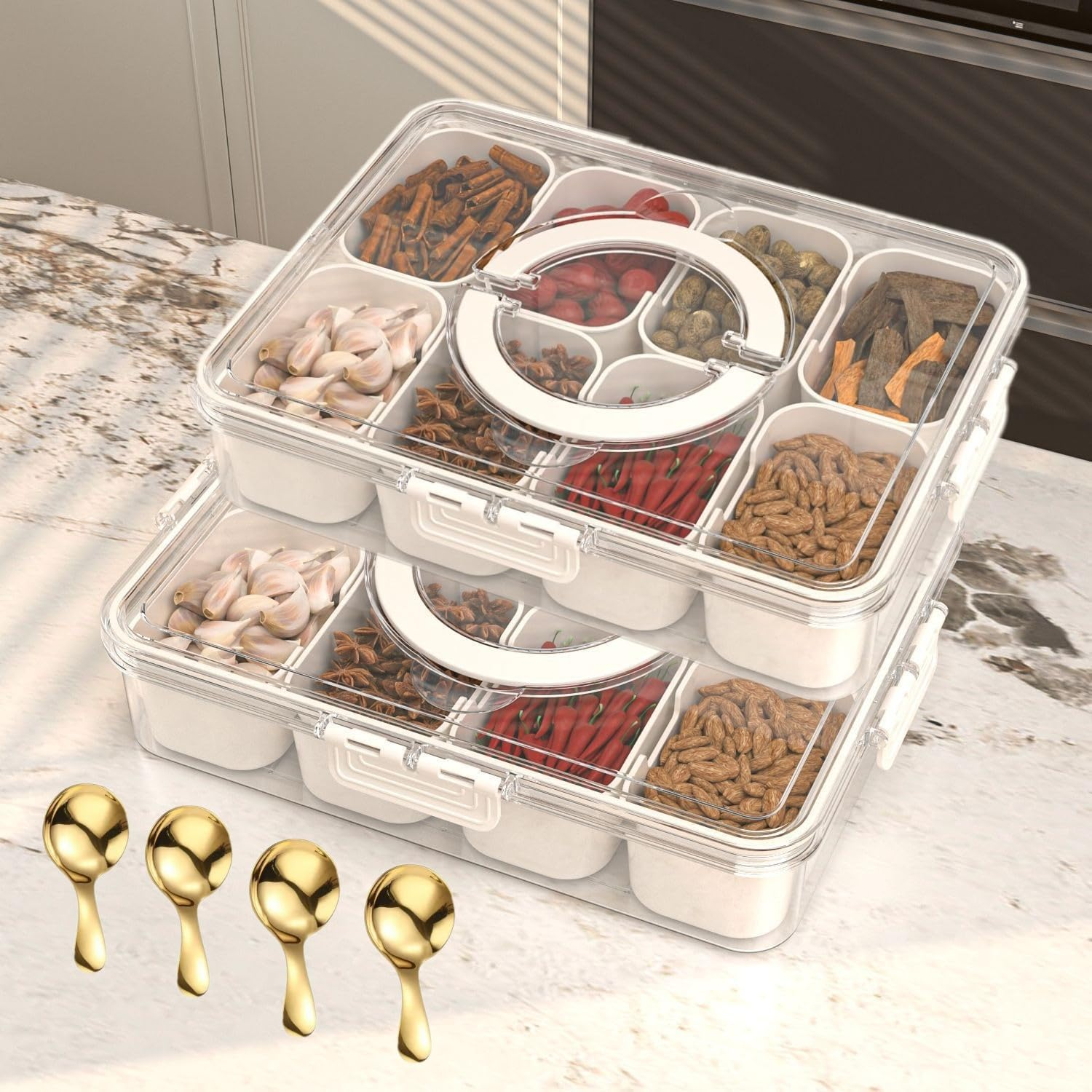 8-Grids Condiment Box, Set of Seasoning Box with Lids and Spoons for Kitchen/Refrigerator, Pepper Spice Salt Sugar Storage Container (2-Pack) image number 4