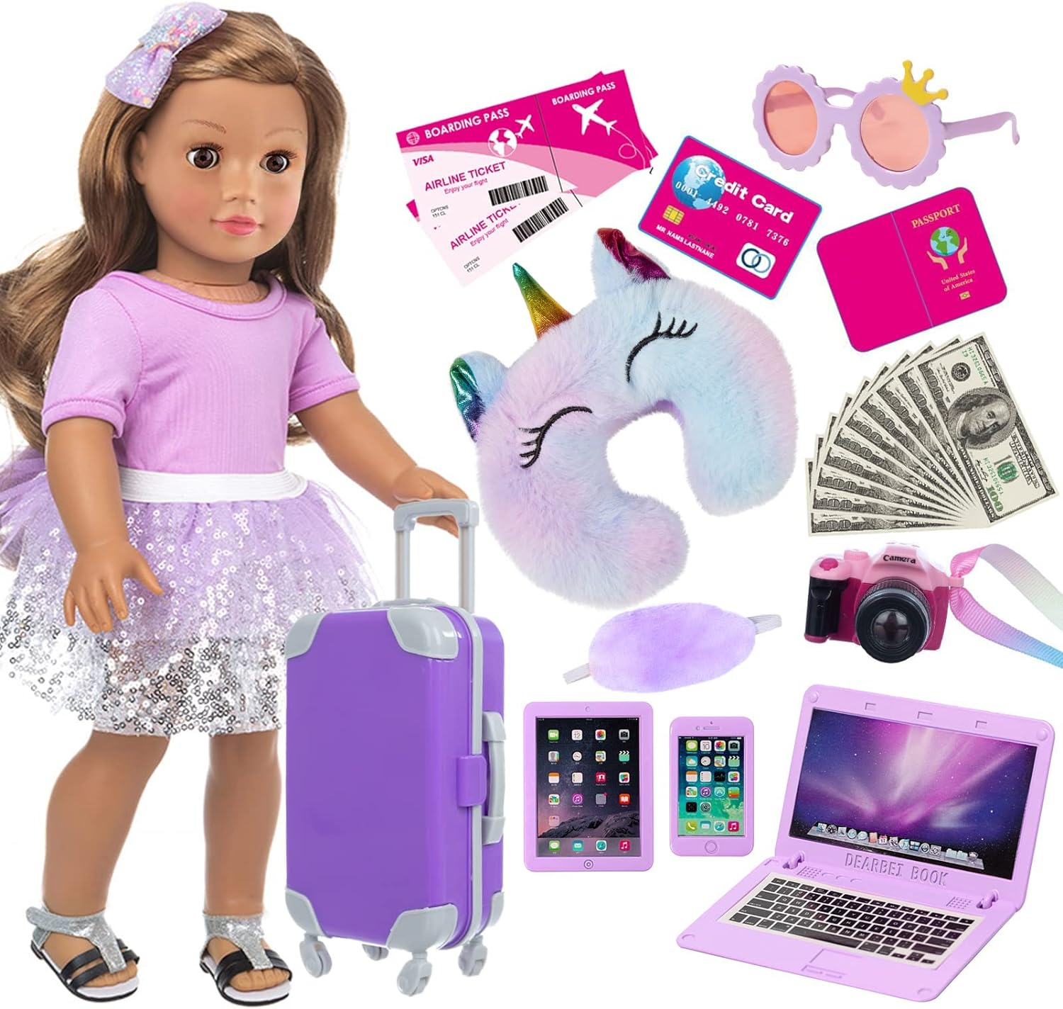 ZNTWEI American 18 Inch Girl Doll Travel Suitcase Play Set with 18 Inch Doll Clothes and Accessories Including Sunglasses Camera Computer Phone Ipad Travel Pillow Ect image number 4