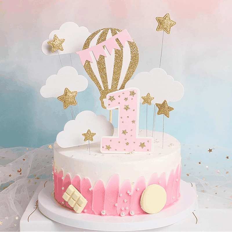 12 Pack Hot Air Balloon Cake Topper with White Cloud Little Stars for Boys First Birthday Party Decorations (Pink) image number 3