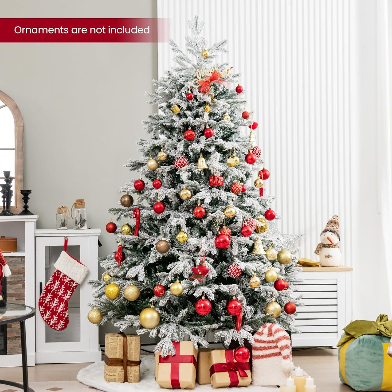Costway 1.8M Artificial Flocked Christmas Tree with 1022 PE PVC Branch Tips & a Pair of Gloves & 350 Warm White LED Lights, Pre-Lit Hinged Xmas Decor Tree for Home, Office & Carnival, Easy Setup image number 4