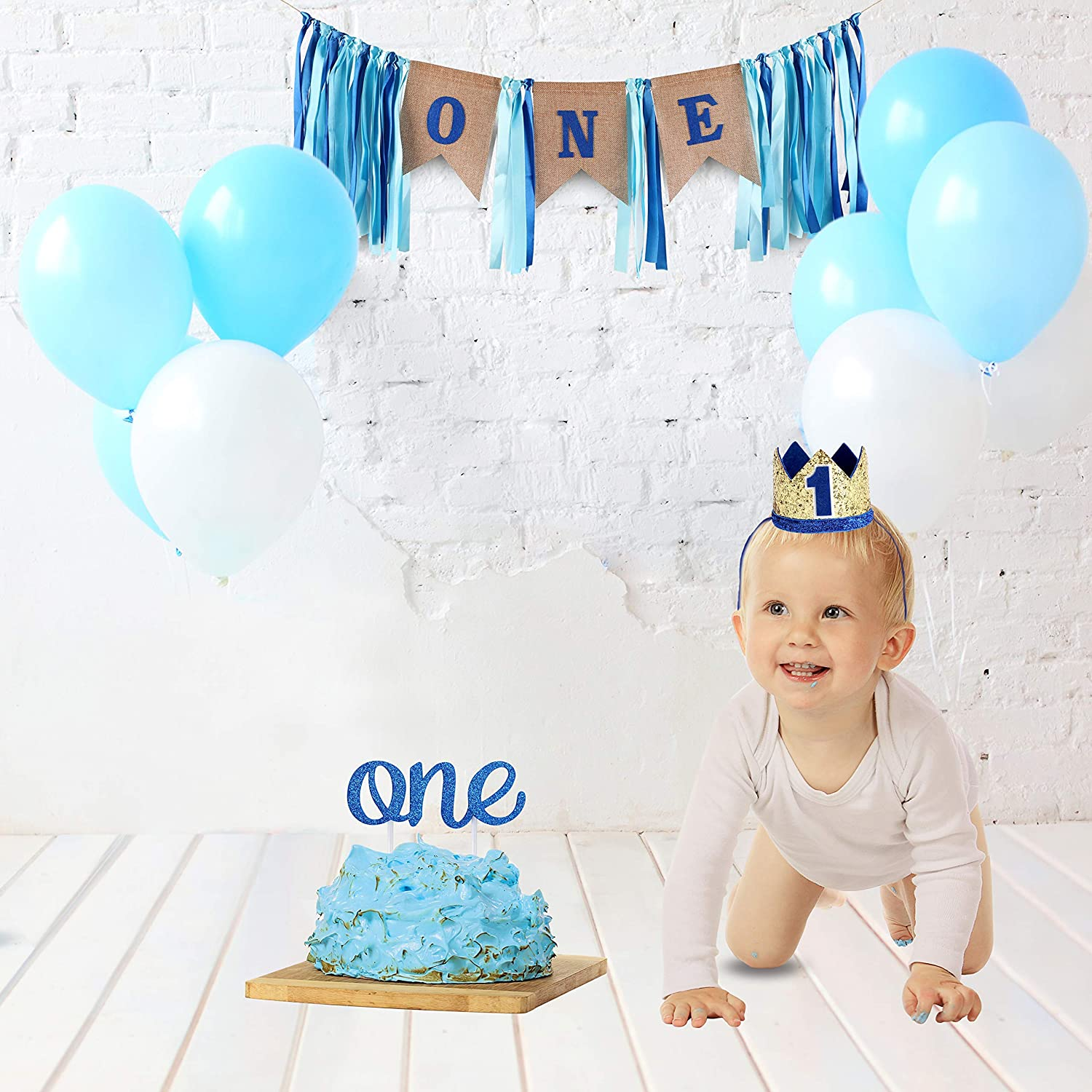 Baby 1St Birthday Boy Decorations with Crown - Baby Boy First Birthday Decorations High Chair Banner - Cake Smash Party Supplies - Happy Birthday ONE Burlap Banner, No.1 Crown, Glitter Cake Topper image number 5