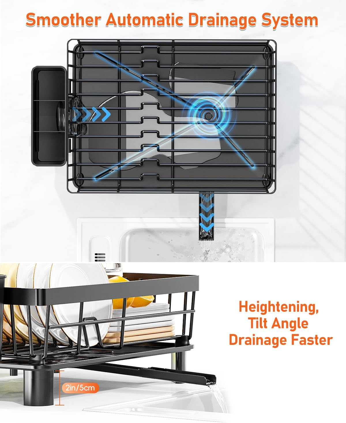 Large Dish Drying Rack with Drainboard, Stainless Steel Dish Rack for Kitchen Counter,Detachable Dish Drainer Organizer Shelf with Utensil Holder Set (Black) image number 6