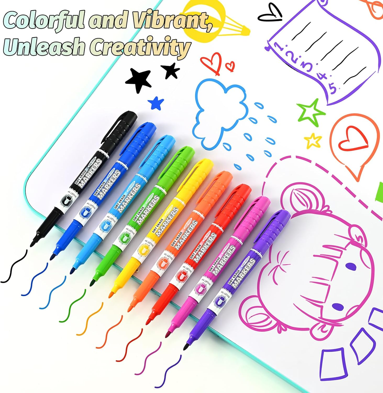 SUIN 9 Colour Low-Odour Whiteboard Markers - Slimline Pens, Medium Fine Tip Whiteborad Pens for Home, Work, School (Pack of 9)