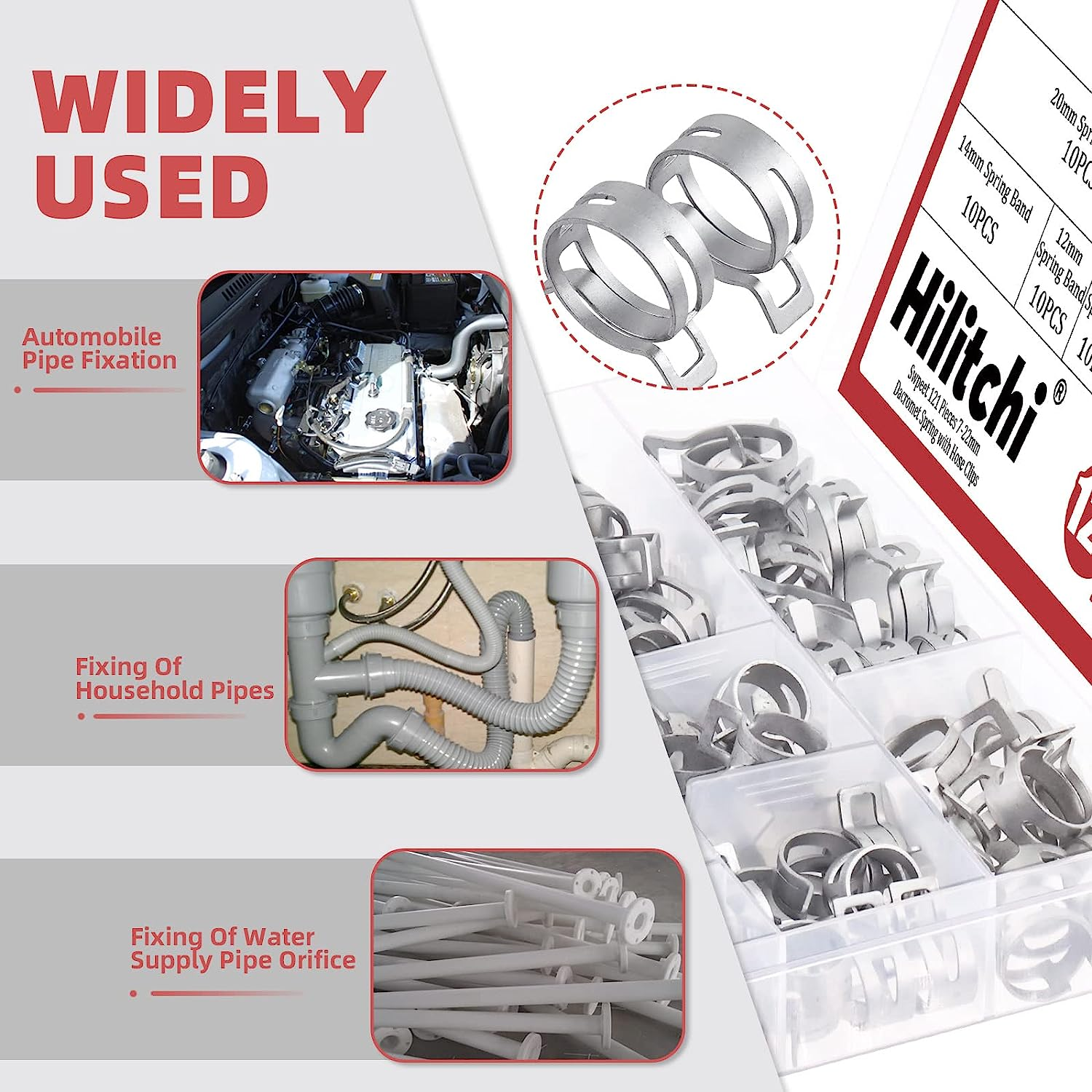 Hilitchi 121Pcs 12 Sizes Spring Band Hose Clamp Kit, 7MM-22MM Low Pressure Air Clip Clamp with Hose Clip Pliers, Fuel Line Hose Clips Silicone Vacuum Hose Clamp Fastener - B Kit image number 4